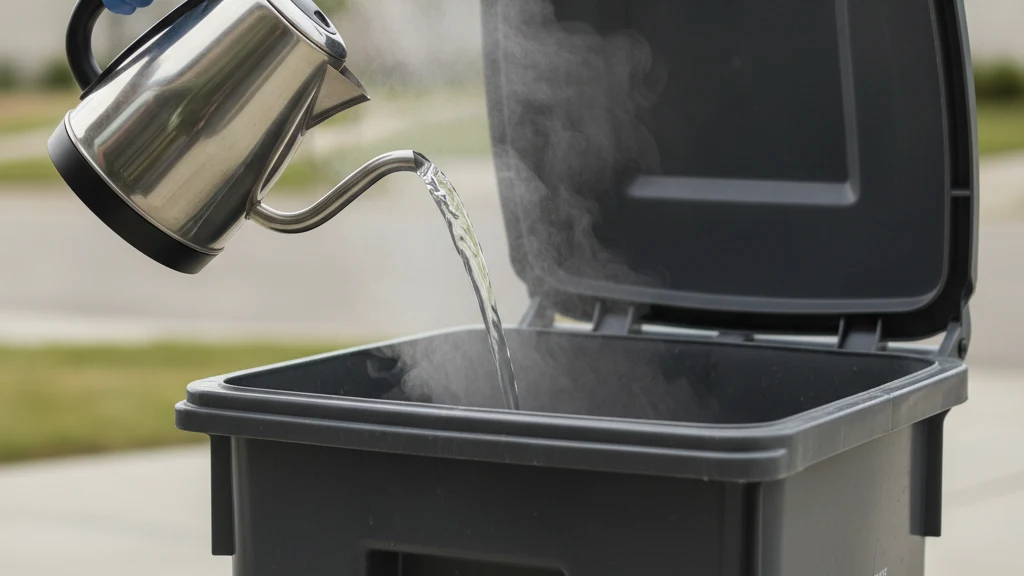 Boiling water treatment Boiling water being poured from a kettle into an emptied outdoor garbage bin