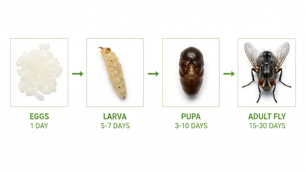 Fly life cycle Diagram of the four fly life cycle stages: egg, larva, pupa, and adult fly, with typical duration for each