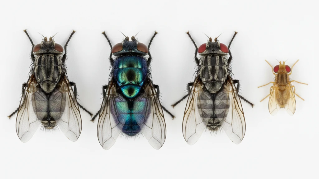 Fly species comparison Side-by-side comparison of a house fly, blow fly, flesh fly, and fruit fly with labels