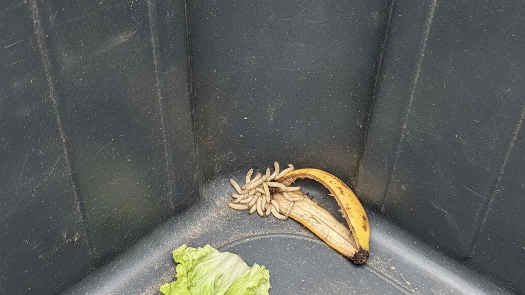 Maggots in a garbage bin Maggots in the bottom of an outdoor garbage bin among food waste