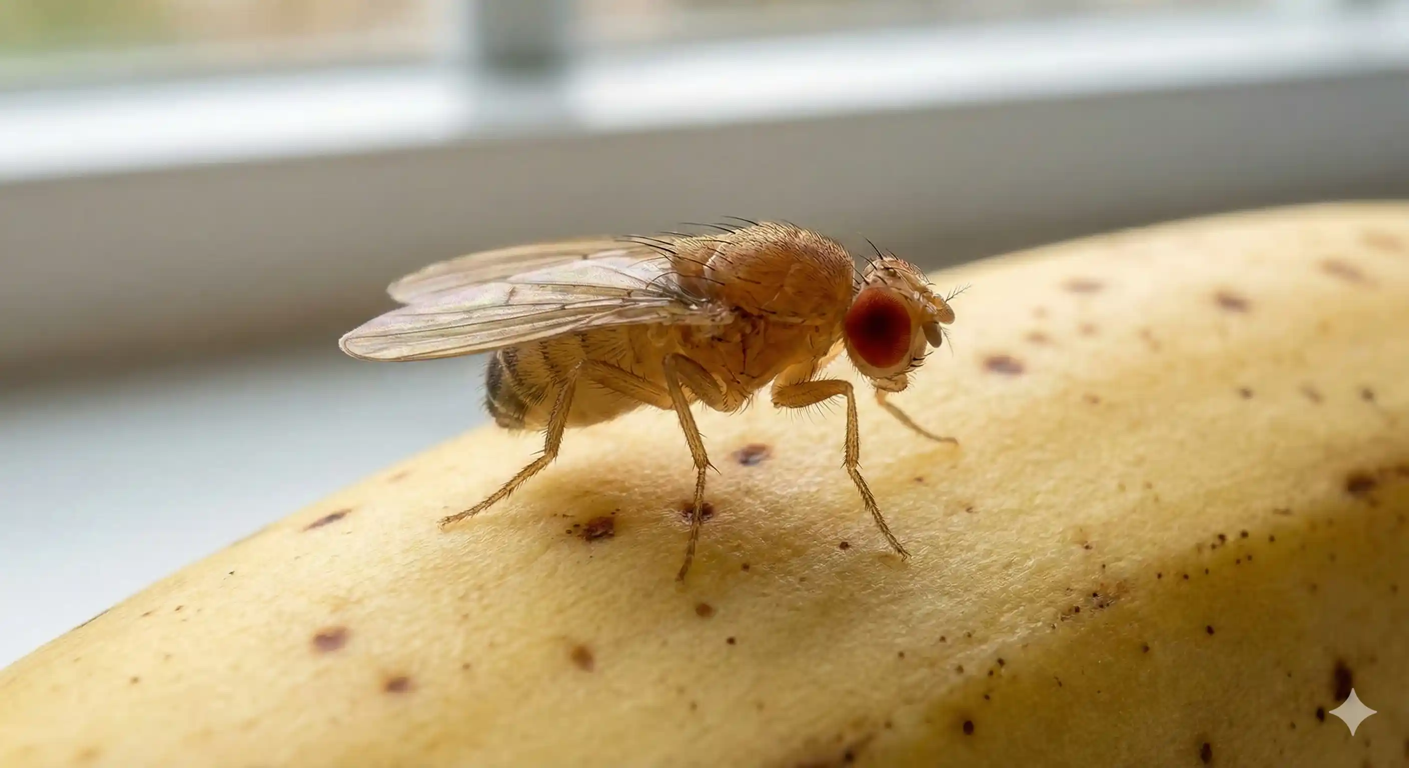 Professional fruit fly control technician inspecting and treating kitchen area for fruit fly infestation