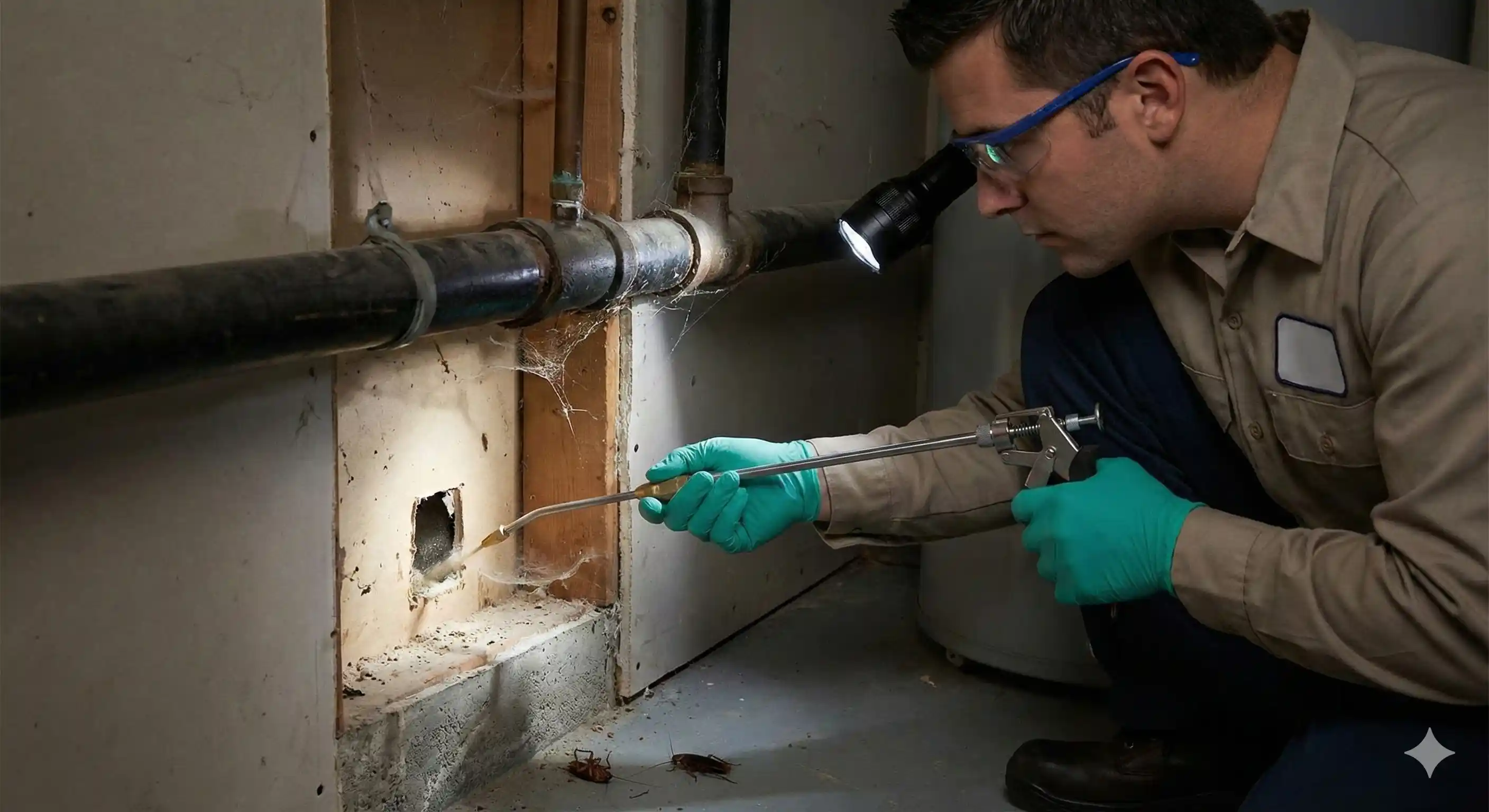 Professional treating wall voids and hidden spaces for American cockroach colonies