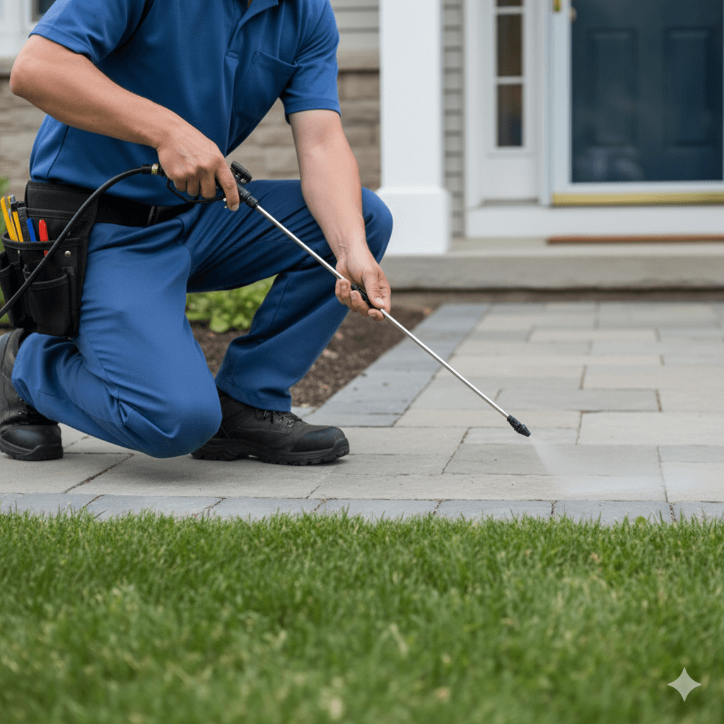 Professional pest control technician applying perimeter defense treatment around home foundation