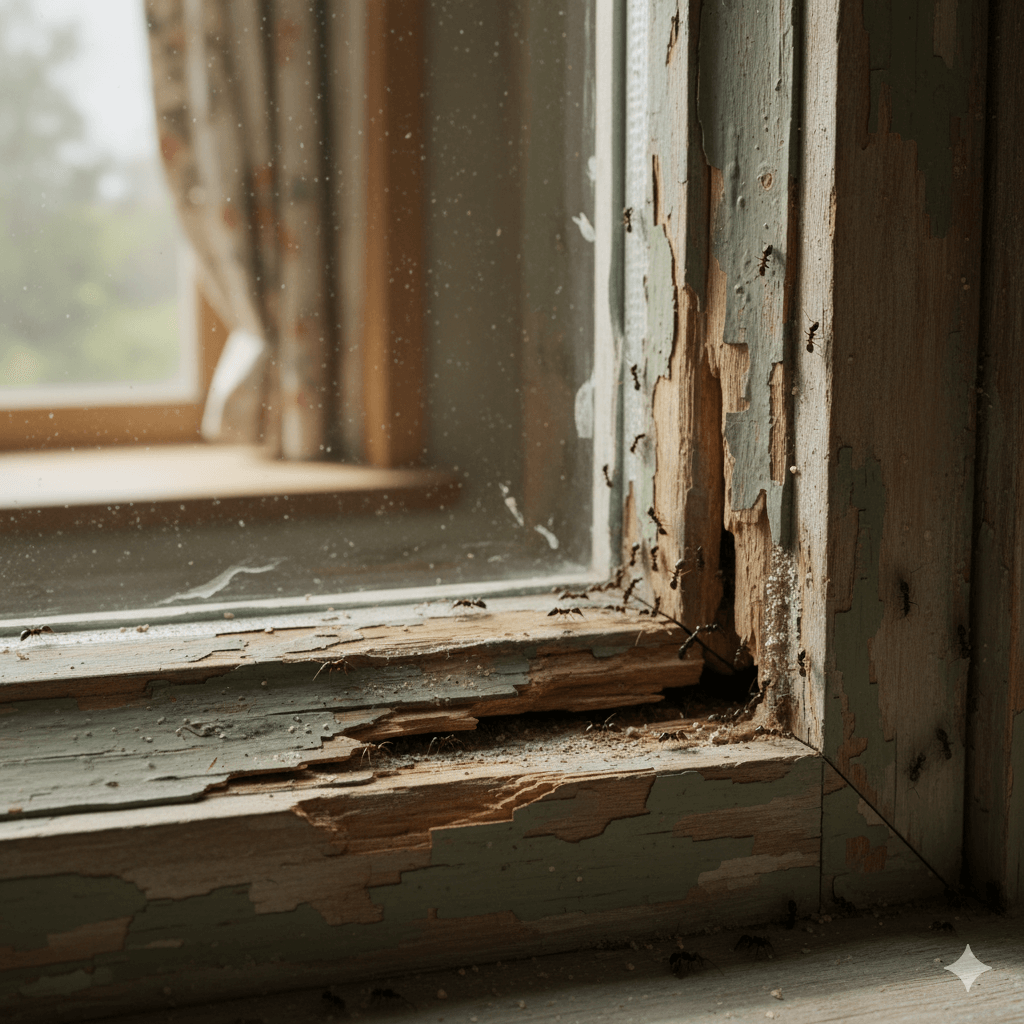 Cracks in foundation and gaps around windows providing ant entry points