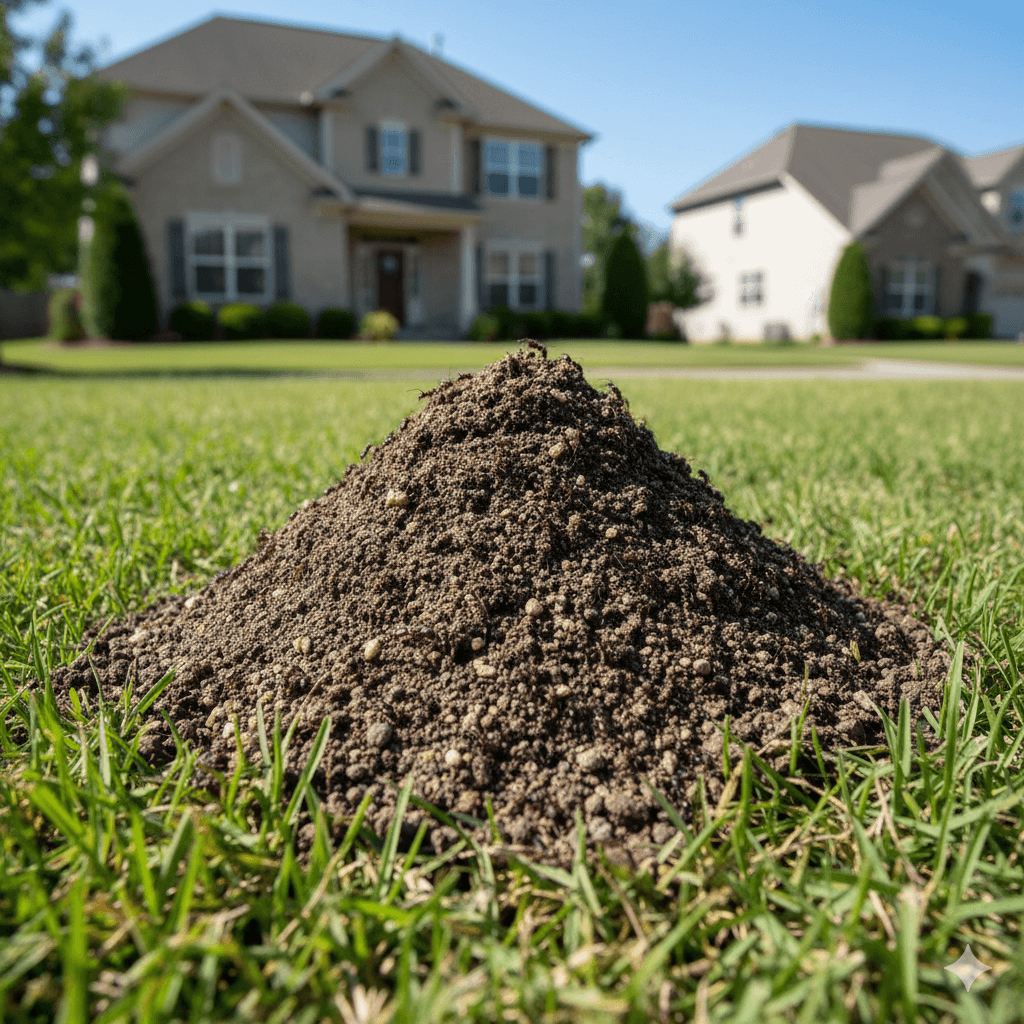 A large ant mound emerging from a home's front lawn