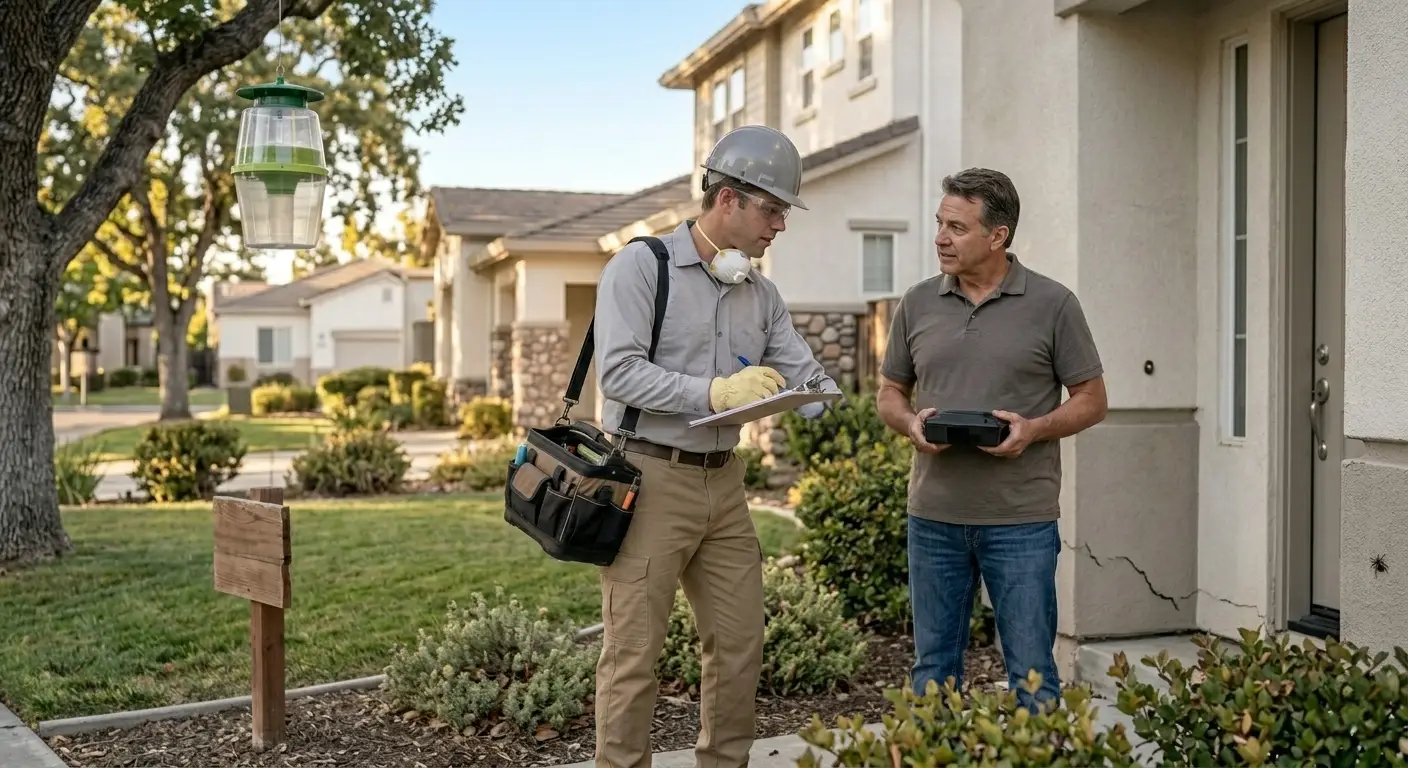 Property manager discussing pest control with EcoGuard technician