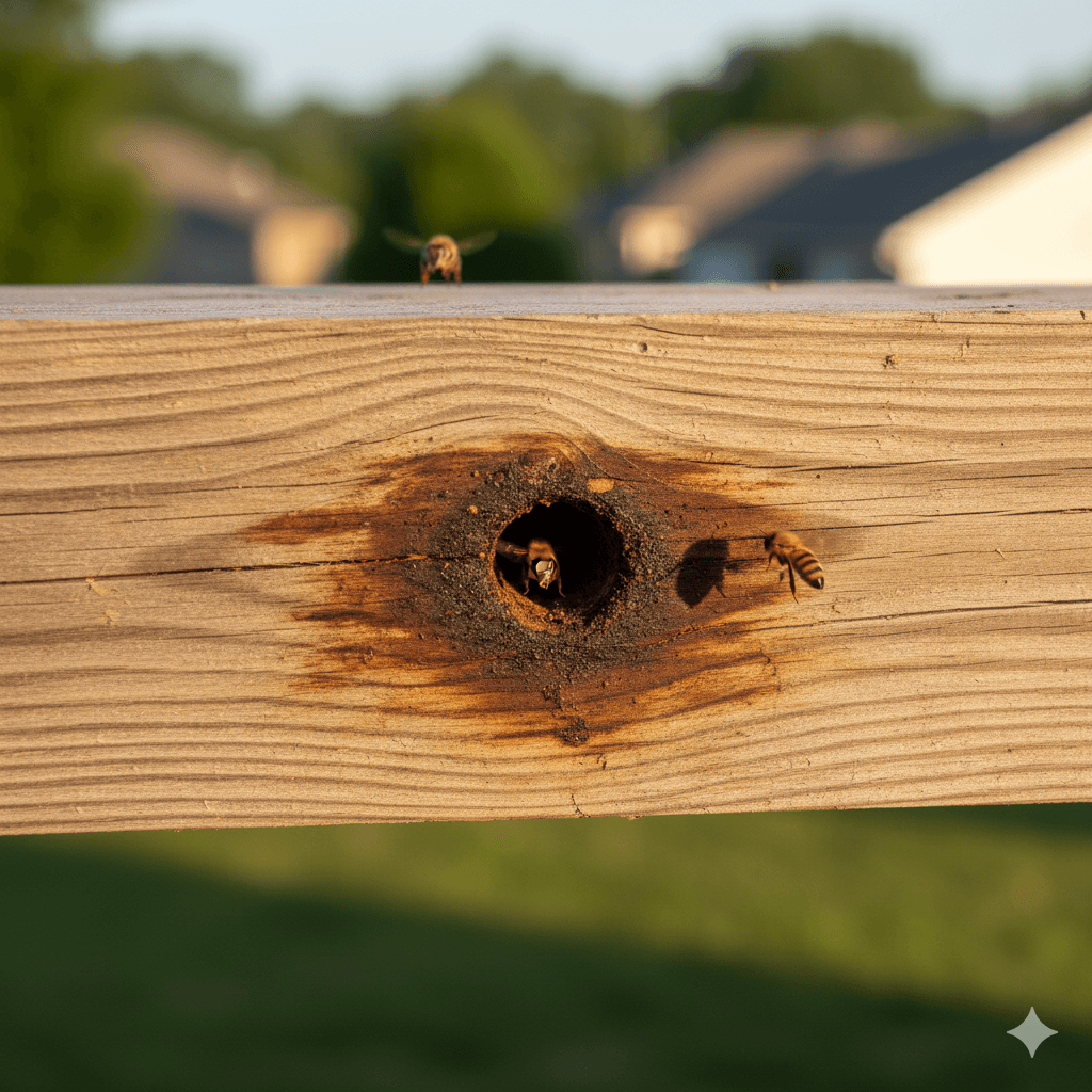 Perfect circular holes bored by carpenter bees in wooden structure