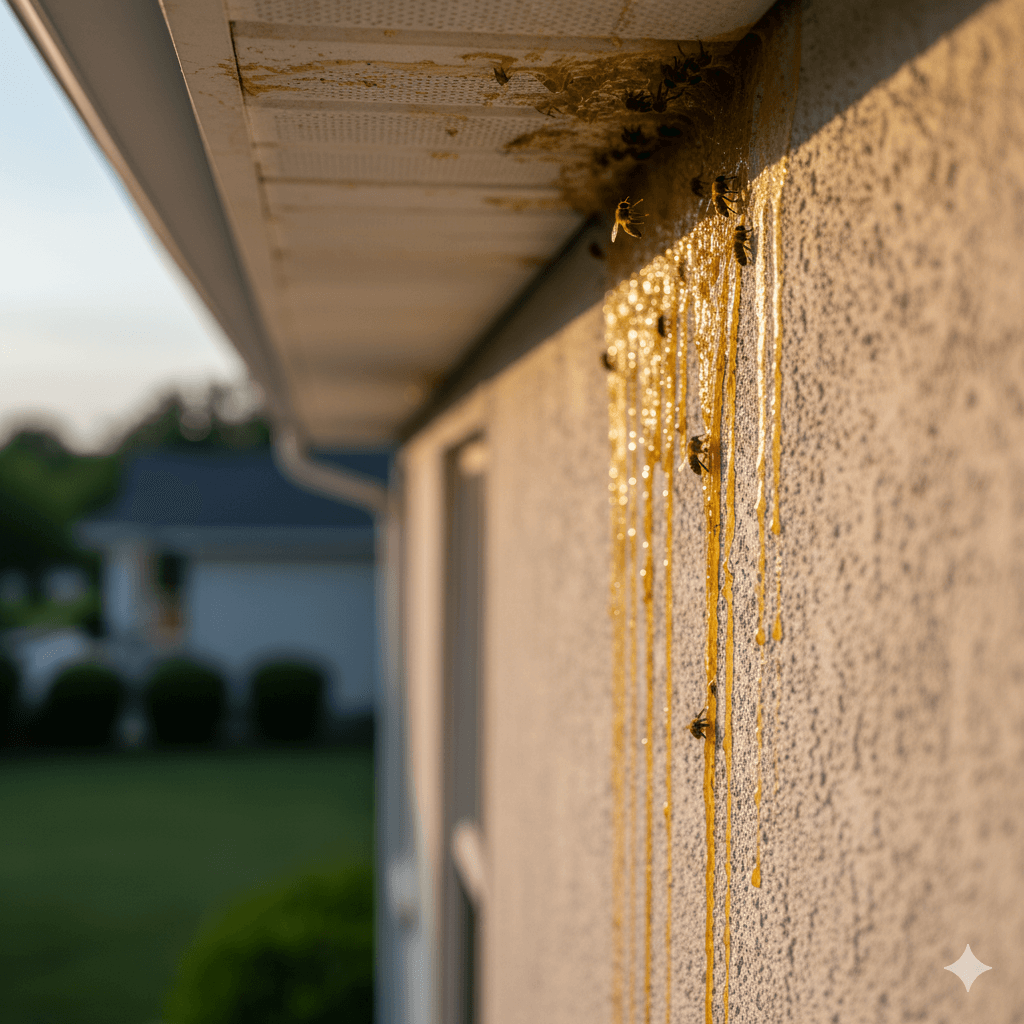 Yellow and brown stains on wall from honey seepage