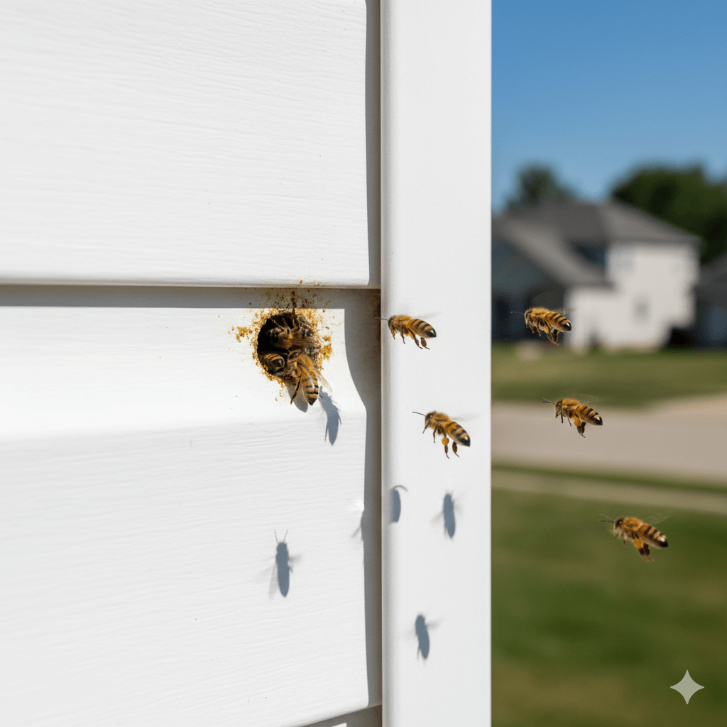 Dark staining around bee entrance hole in building exterior