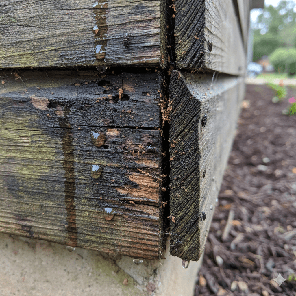 Damaged wood with moisture issues attracting wood boring beetles
