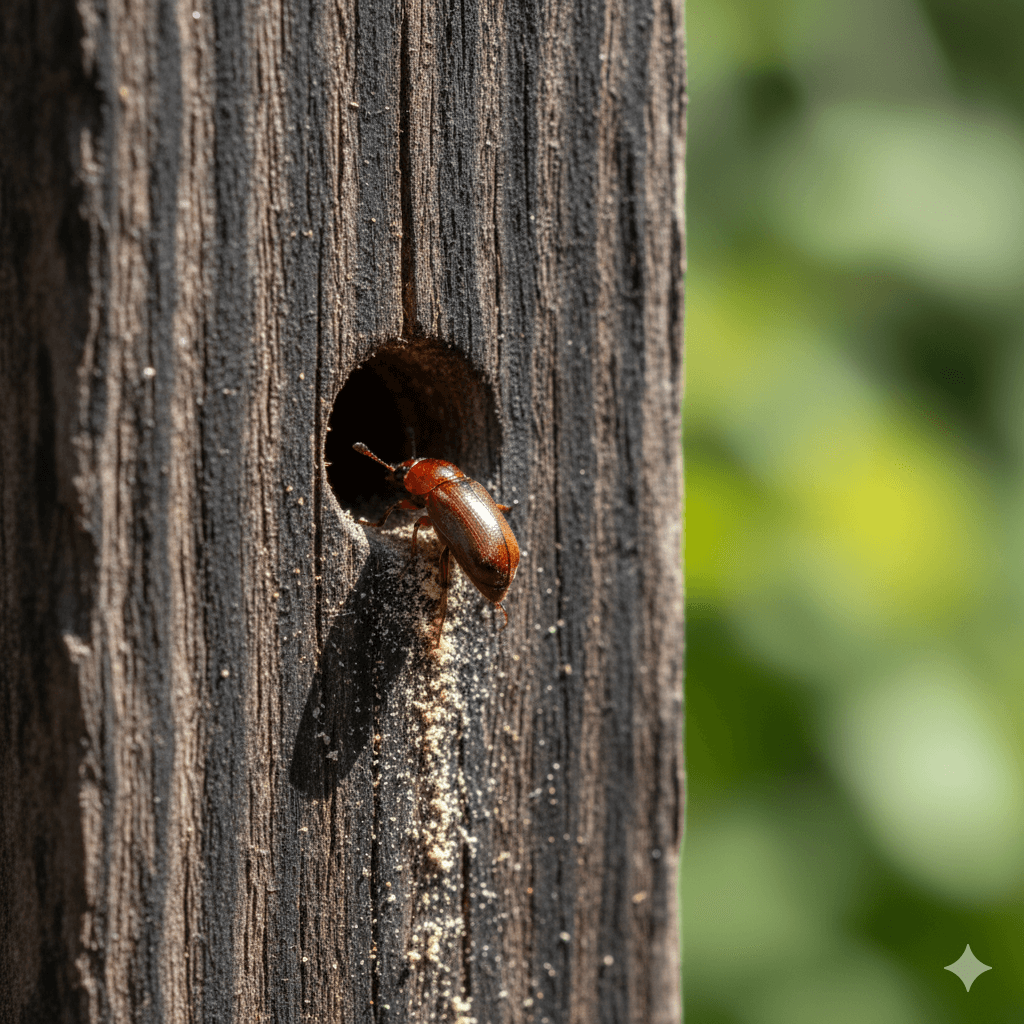 Beetle exit holes in wood surface with sawdust frass