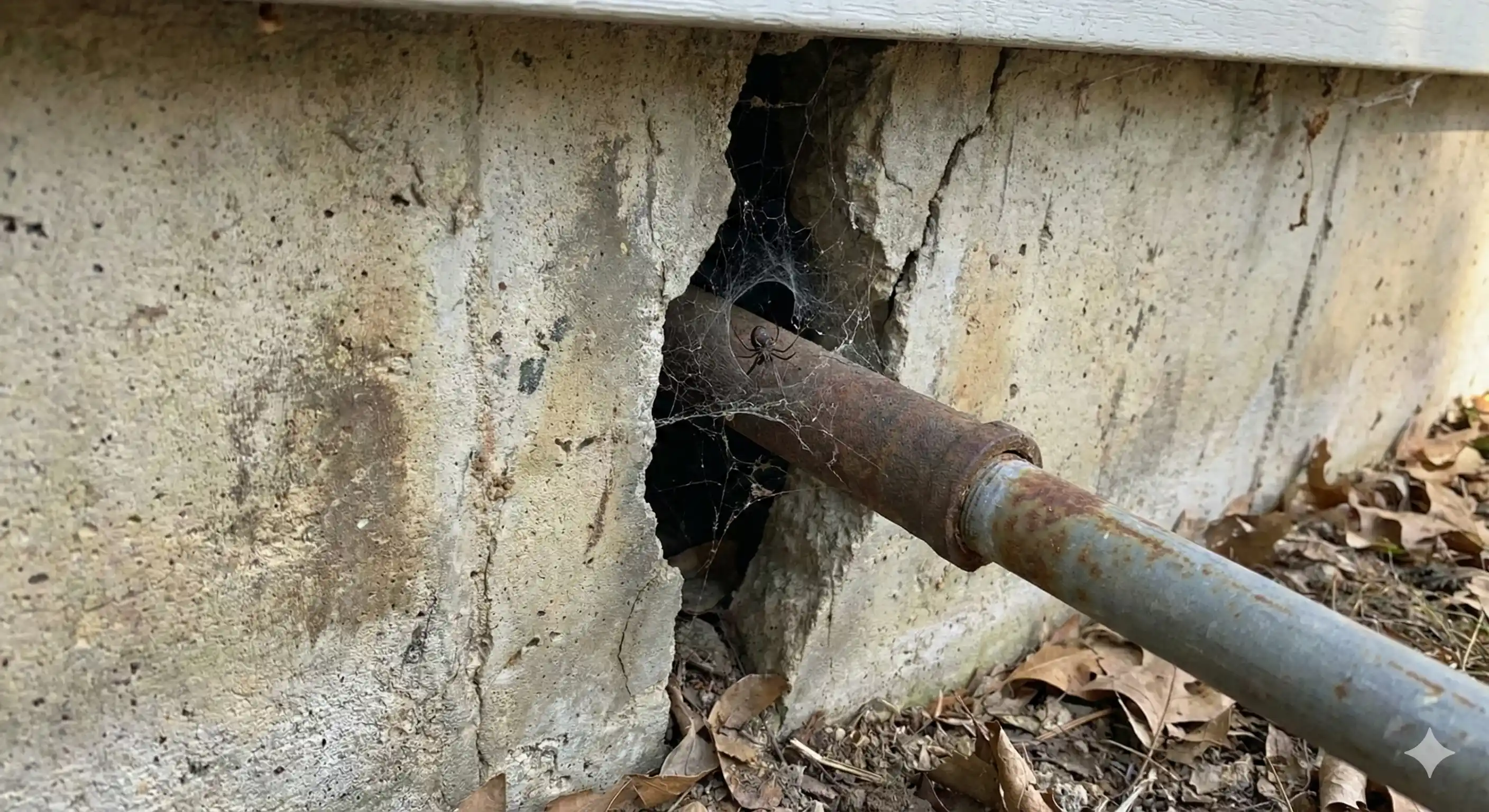 Foundation gap or utility penetration allowing black widow entry