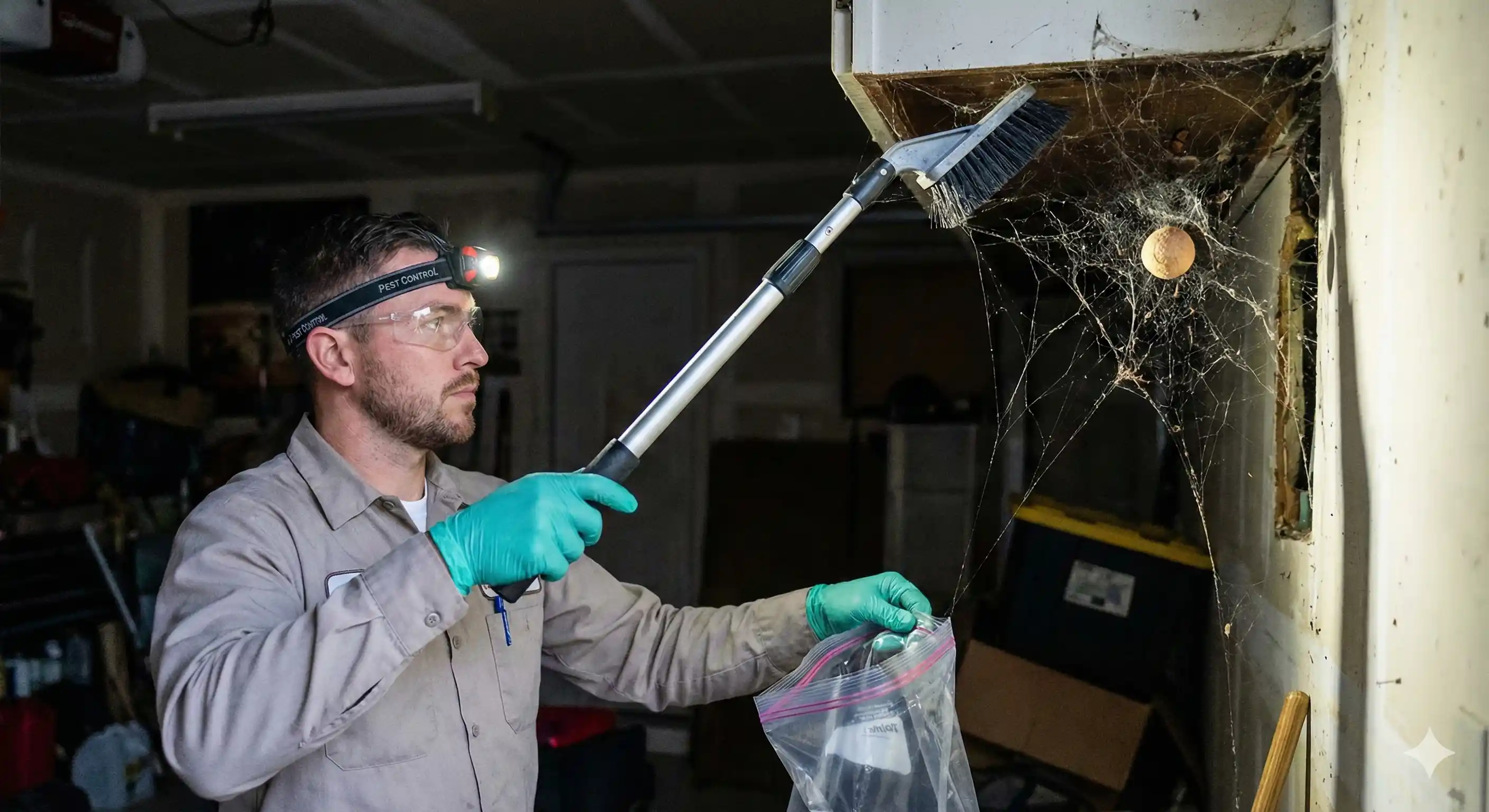 Professional safely removing black widow web and egg sacs