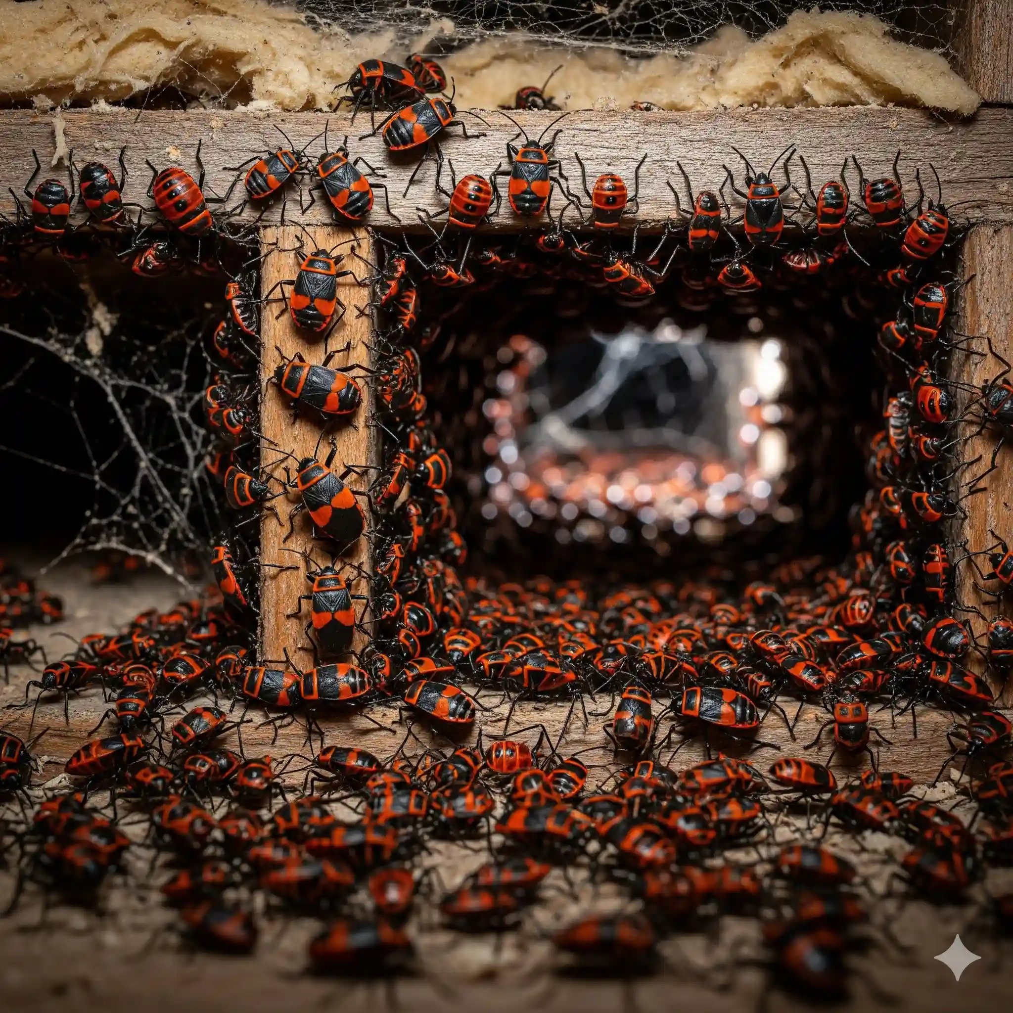 Wall voids and protected spaces providing overwintering shelter for boxelder bugs