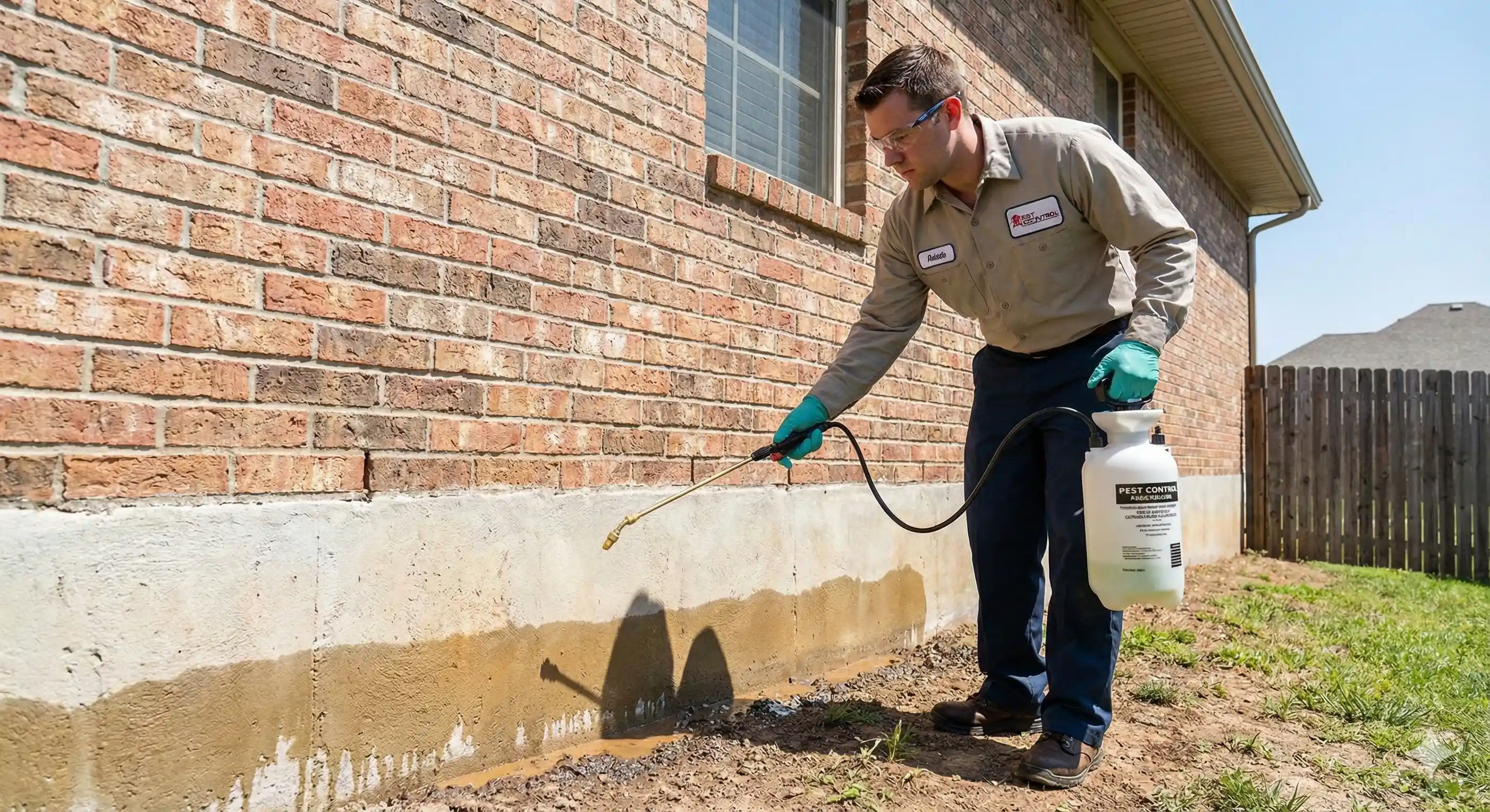 Technician applying perimeter barrier treatment around foundation