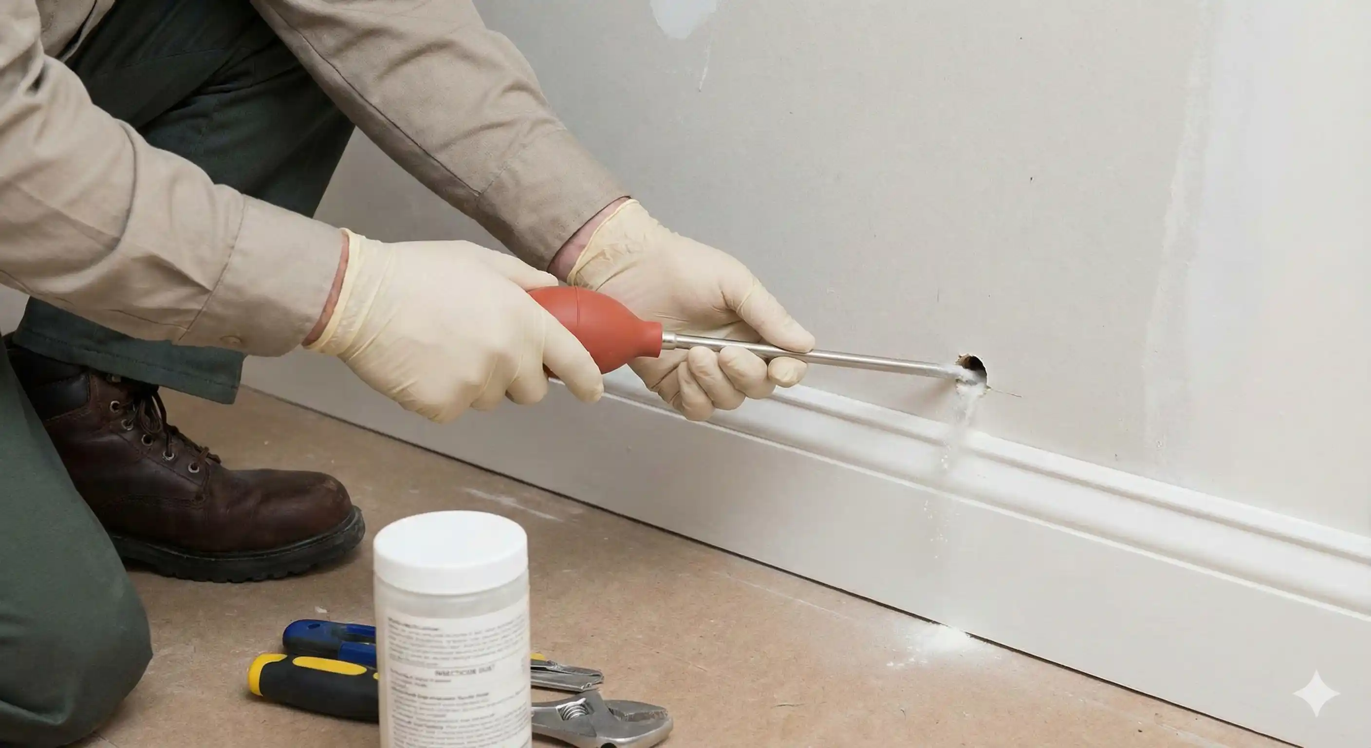 Professional treating wall void with insecticide dust for carpenter ant control