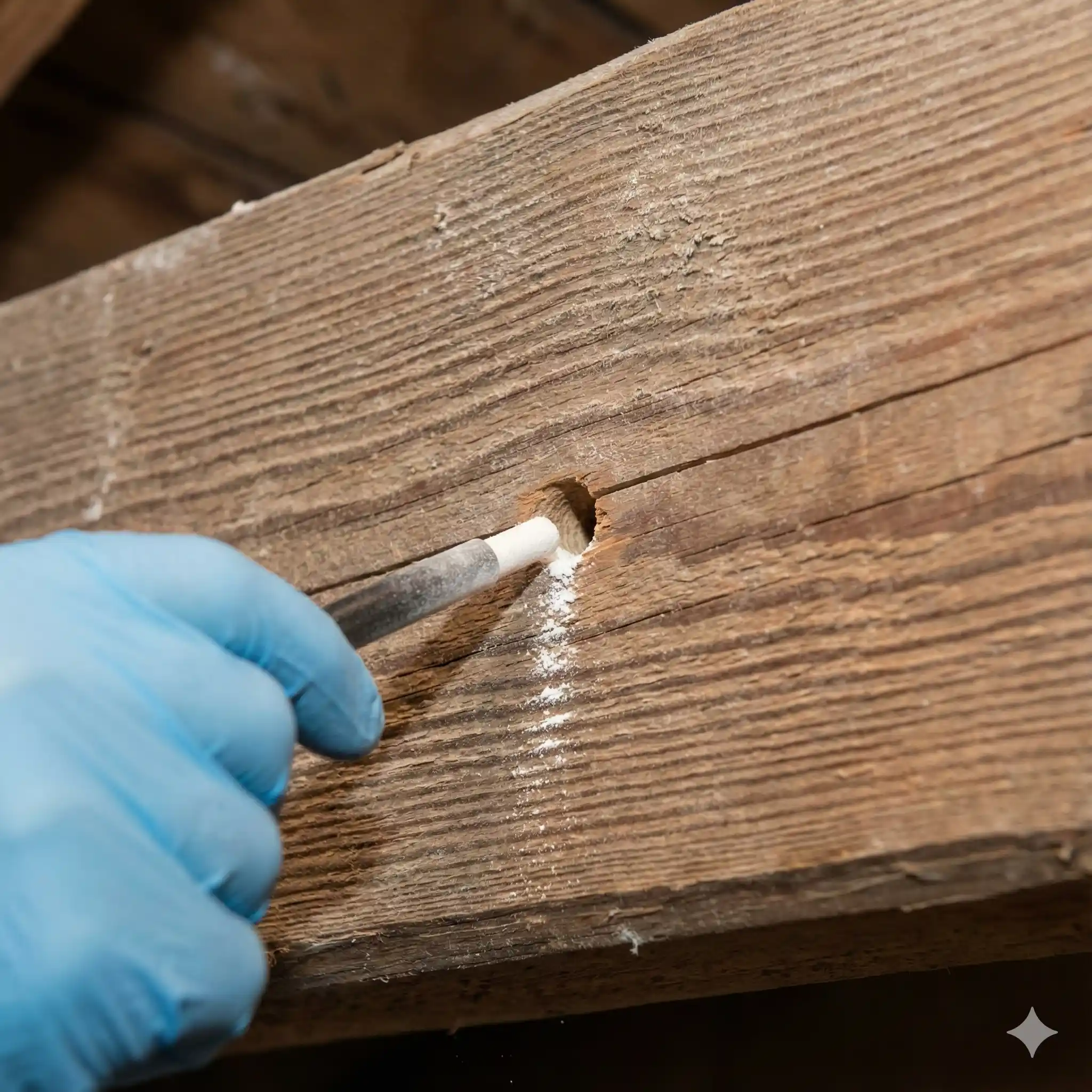 Technician applying professional insecticide dust treatment into carpenter bee gallery entrance