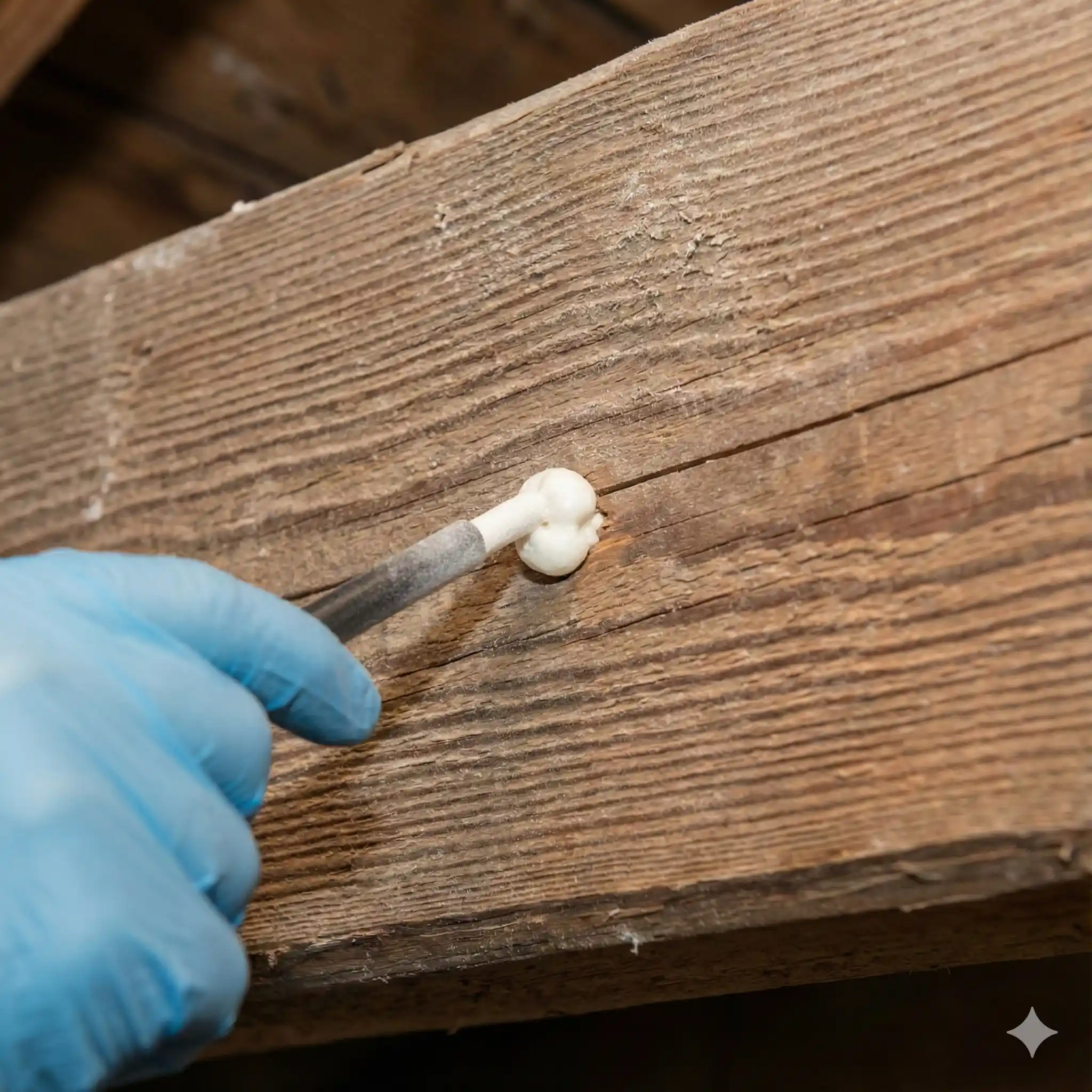 Technician injecting expanding foam treatment into carpenter bee nest entrance