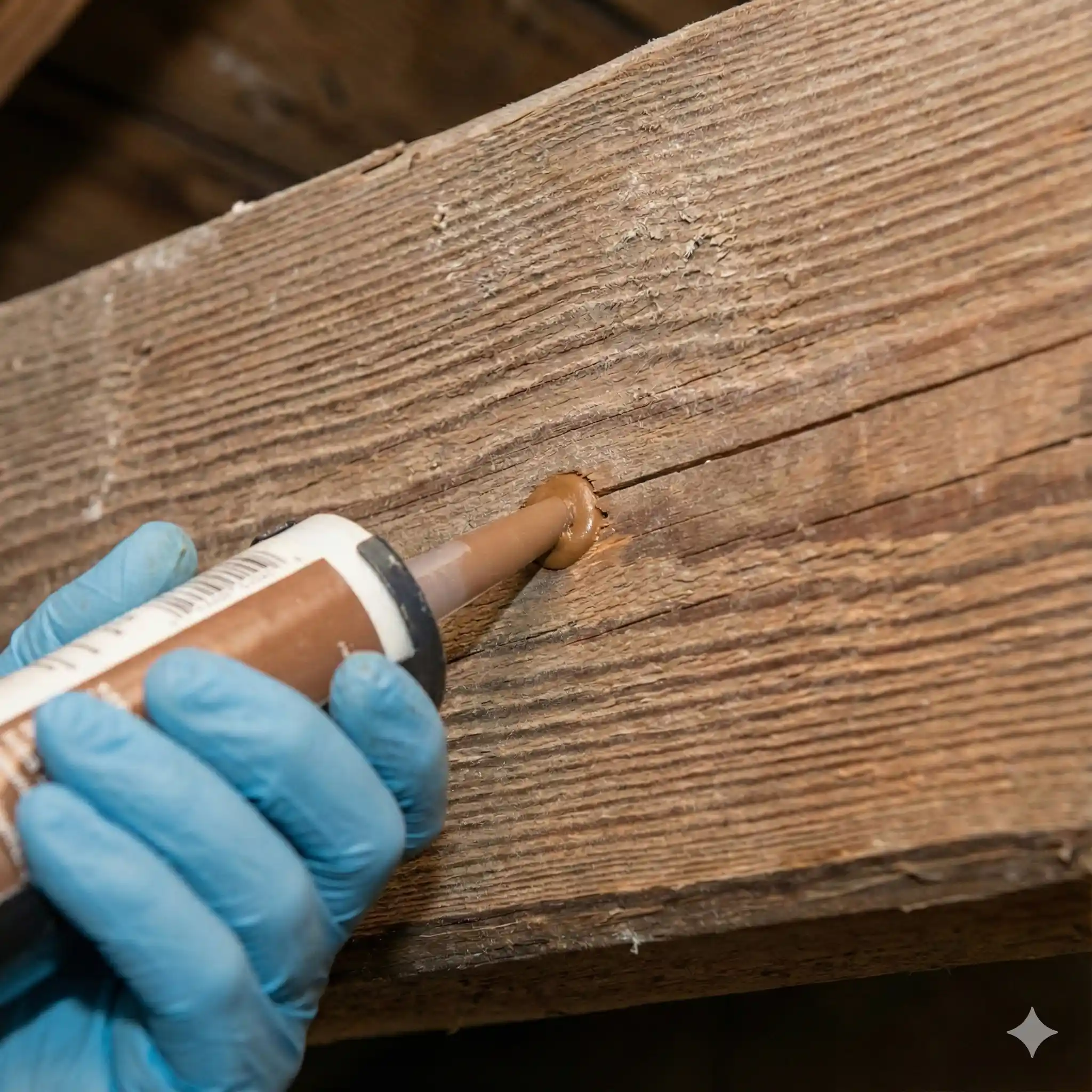 Professional sealing carpenter bee entrance holes with wood filler after treatment