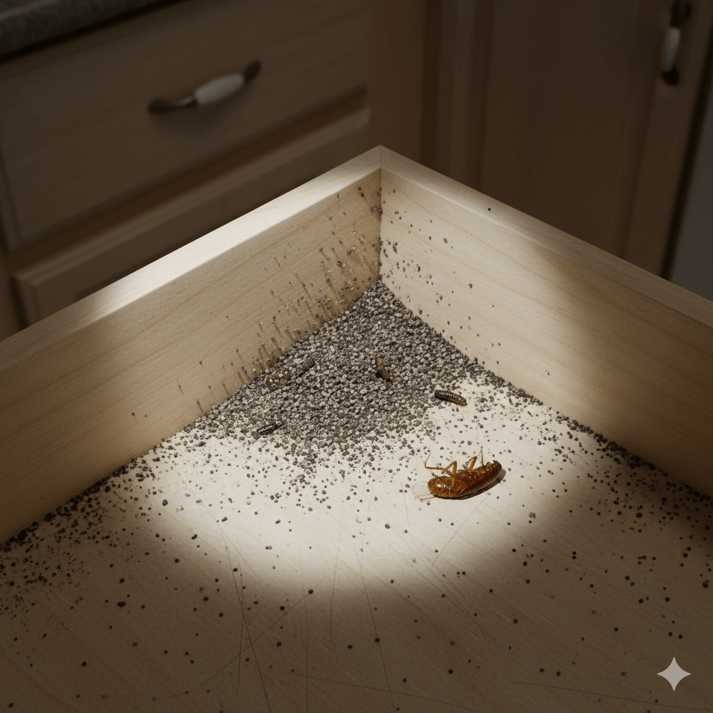 Small pepper like cockroach droppings found in kitchen drawer