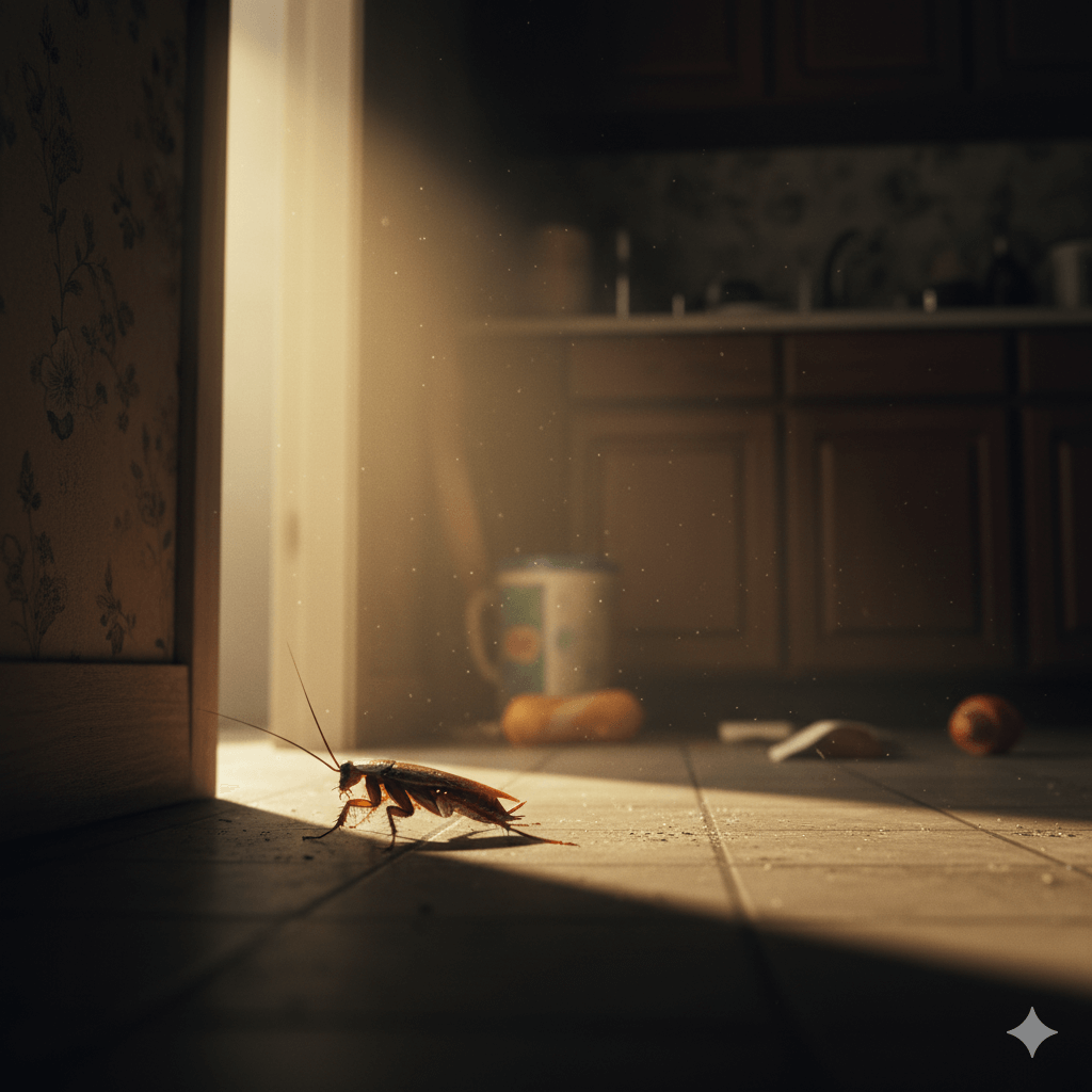 Cockroach moving along baseboard at night during nocturnal activity