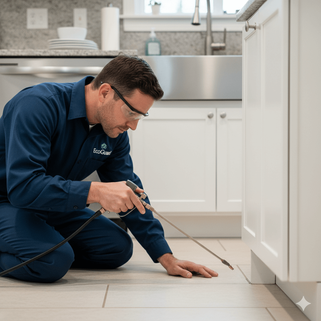 Precision crack and crevice treatment reaching deep cockroach harborage areas