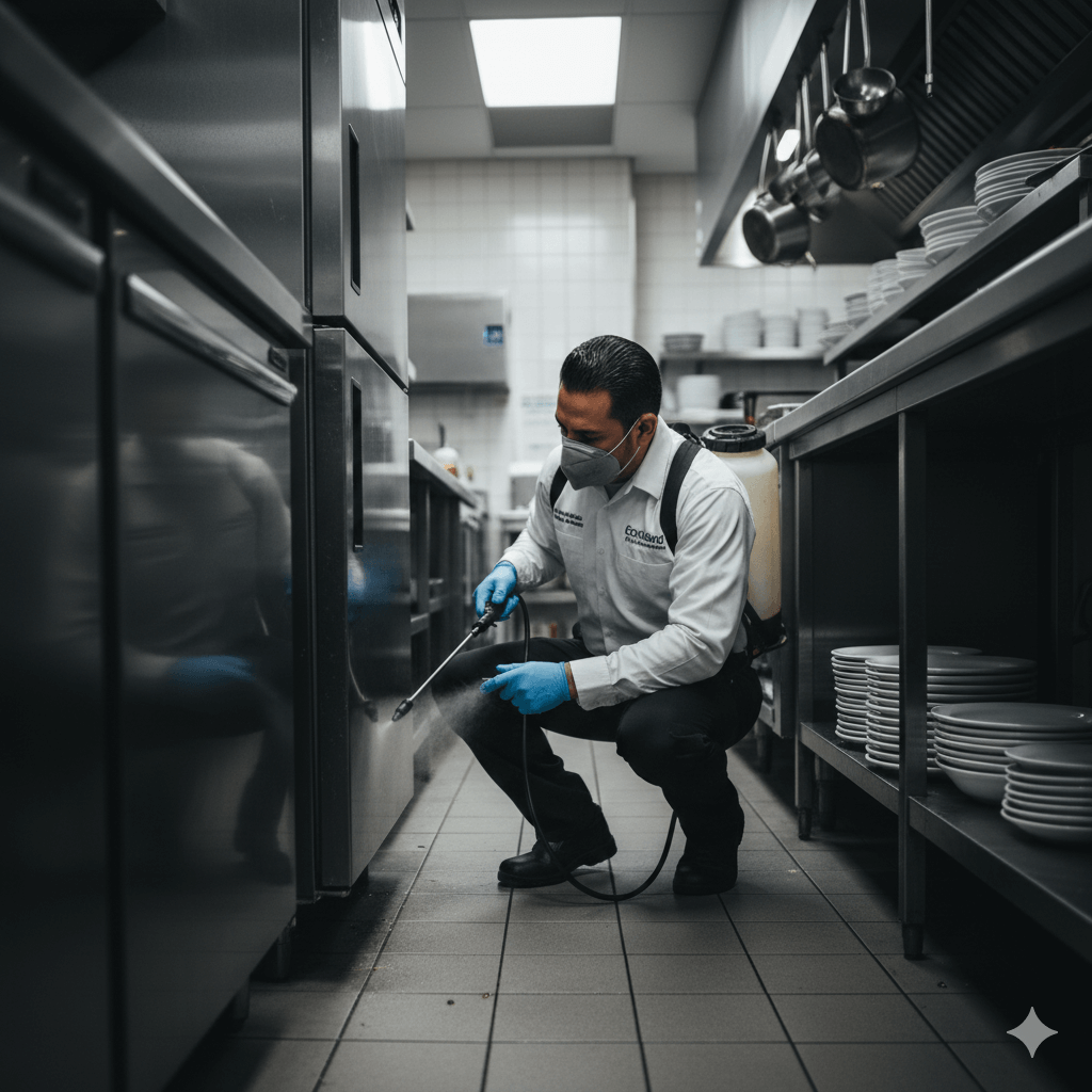 Professional technician applying interior pesticide treatment to commercial pest harborage areas