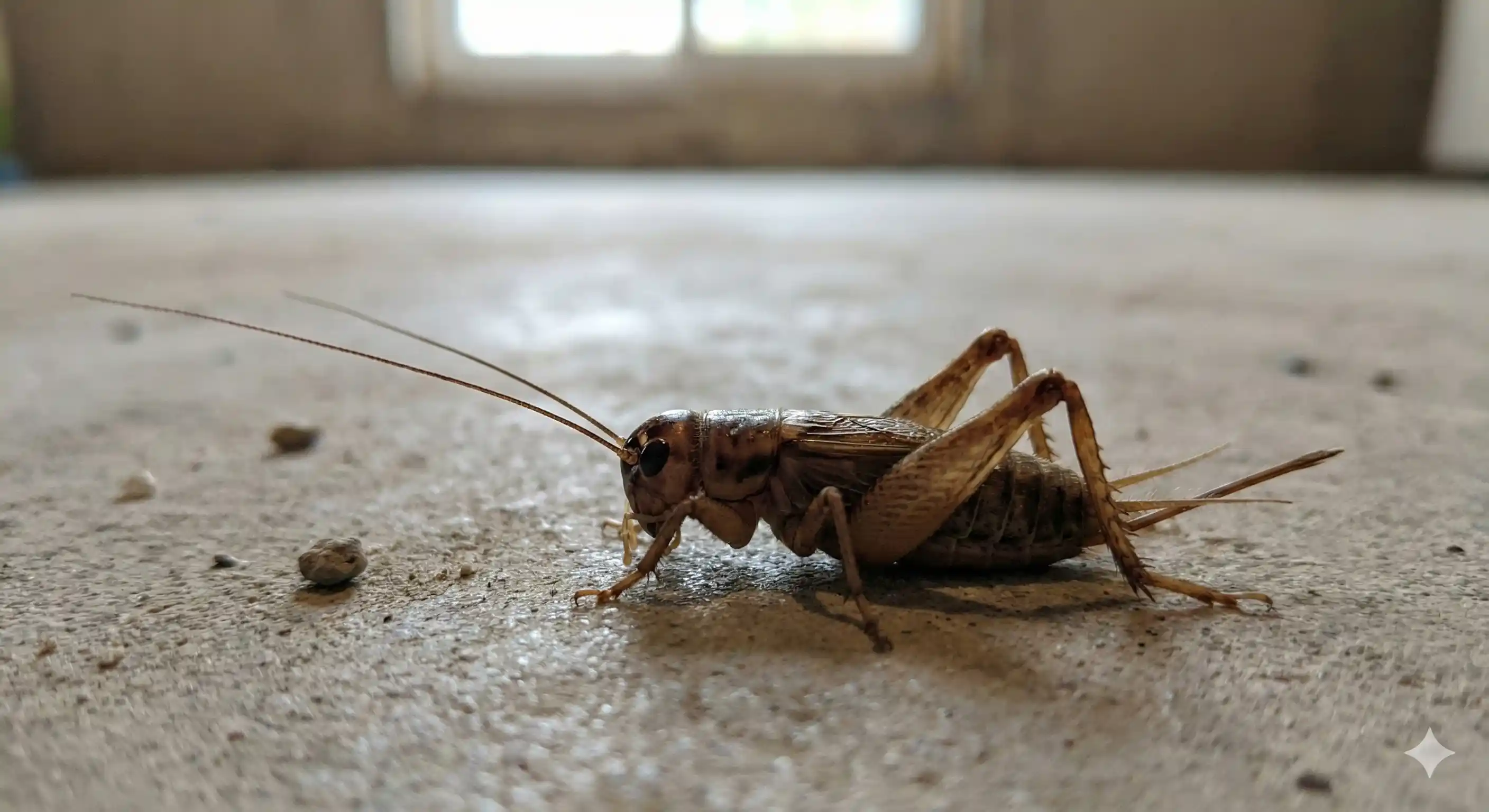 House cricket with characteristic long antennae and powerful jumping legs