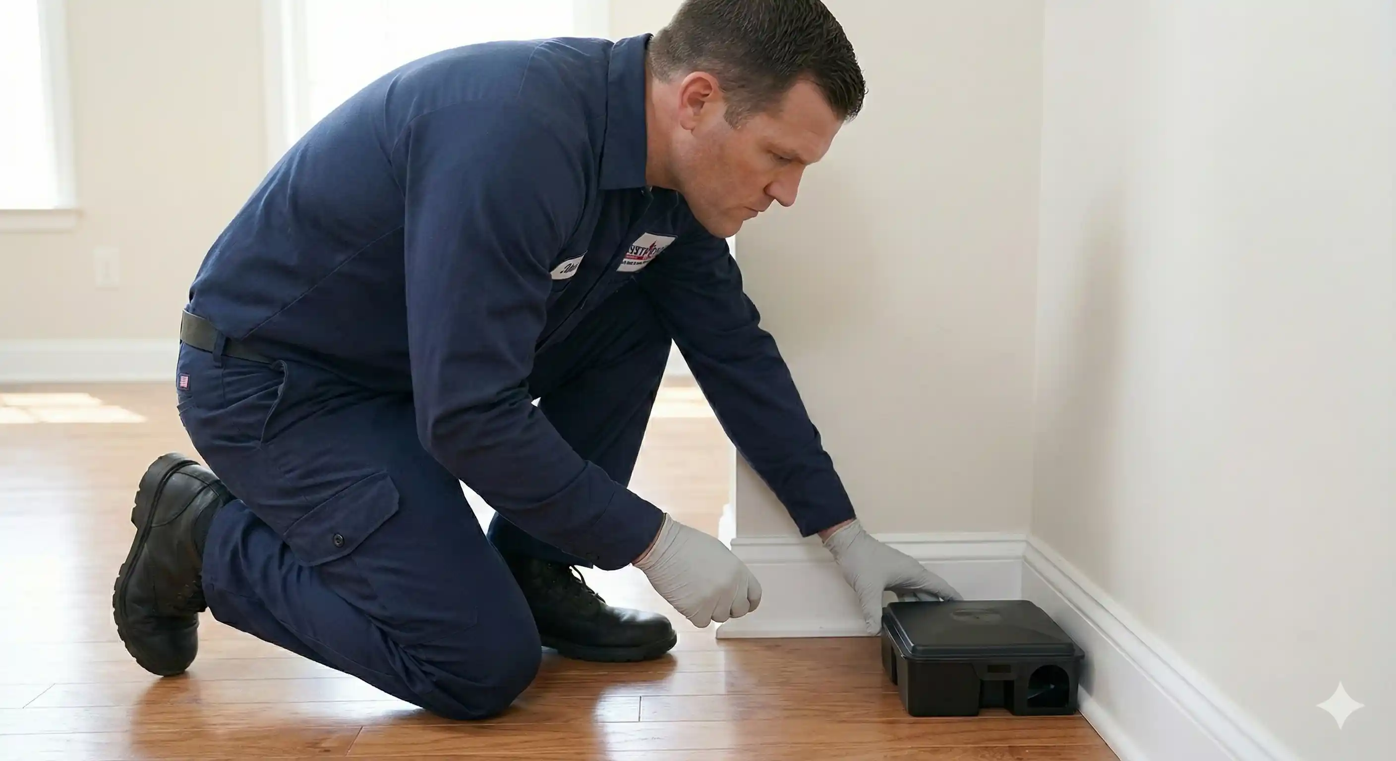 Pest control professional placing cricket bait stations in strategic harborage areas