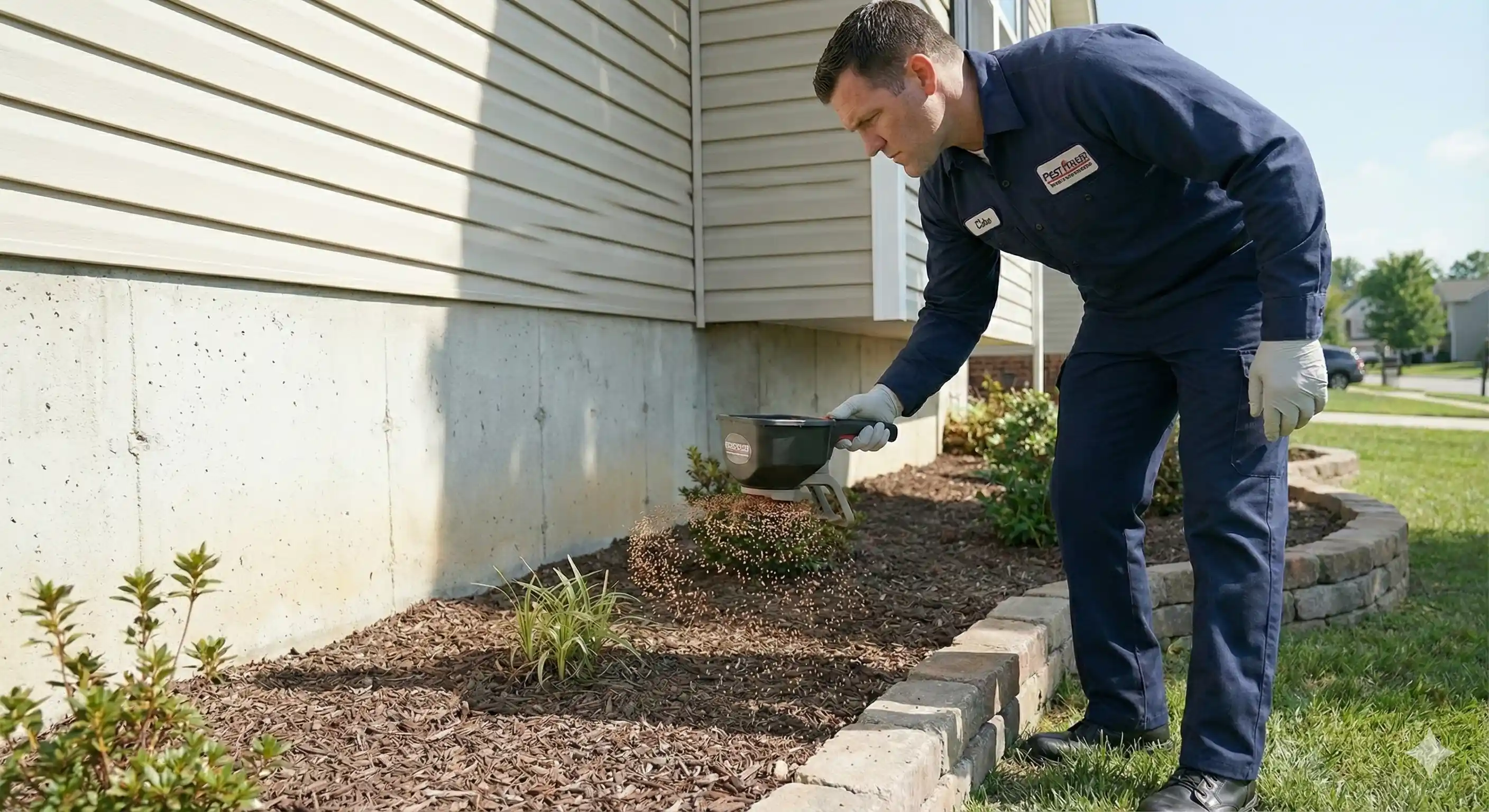 Technician applying granular treatment to landscape areas and mulch beds where crickets breed