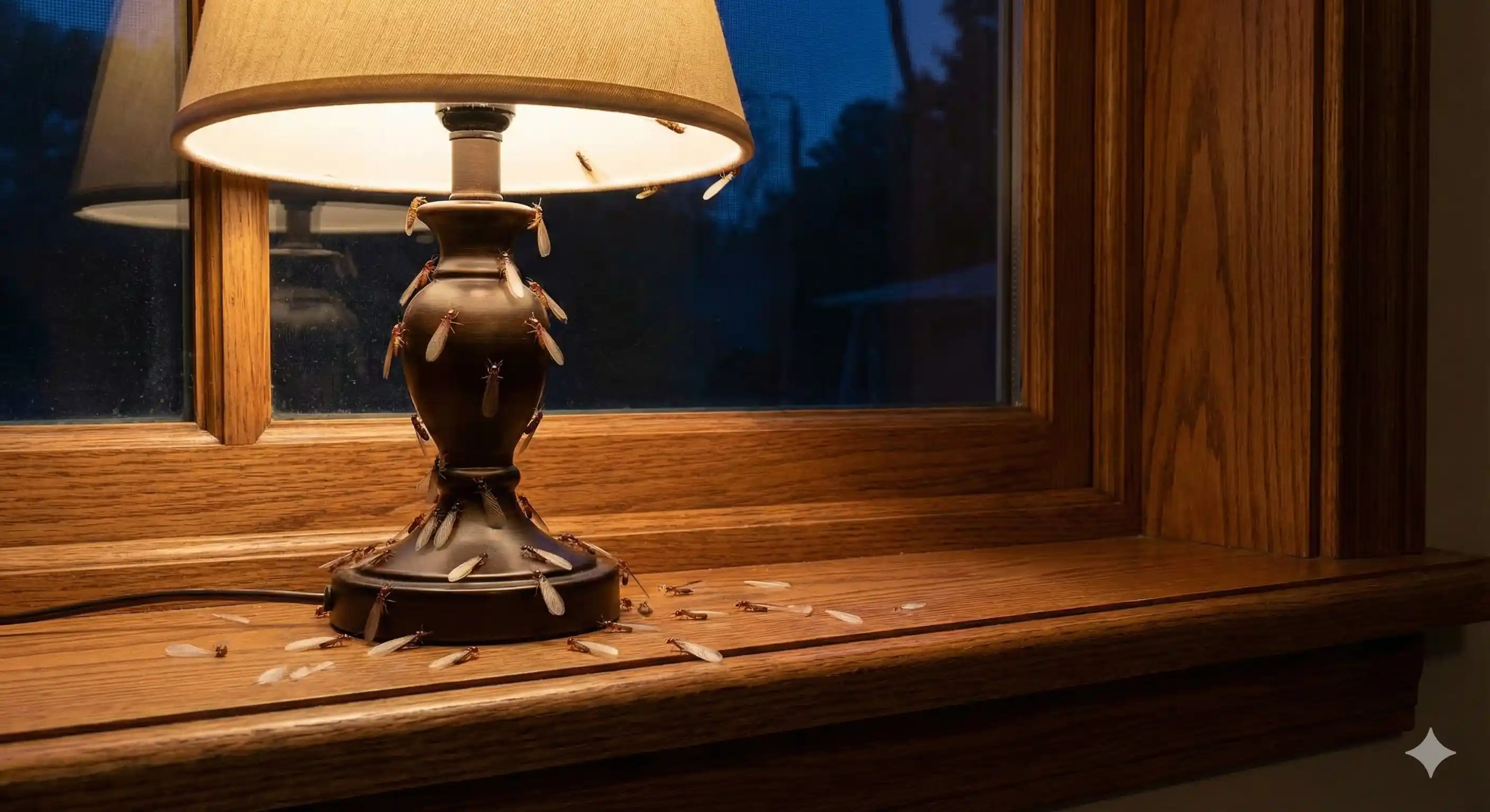 Winged dampwood termite swarmers near light source