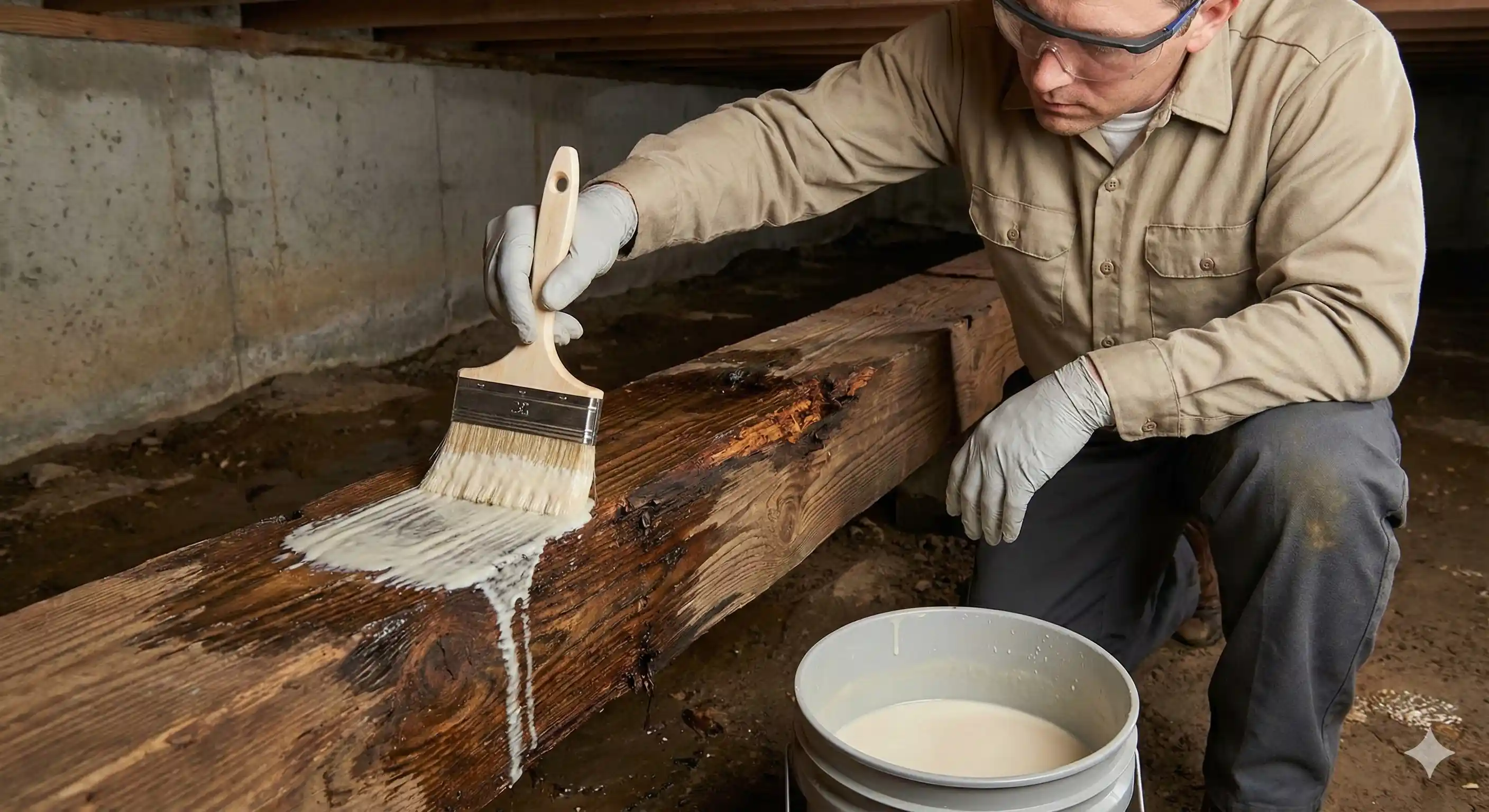 Professional applying borate treatment to moisture-damaged wood for termite control