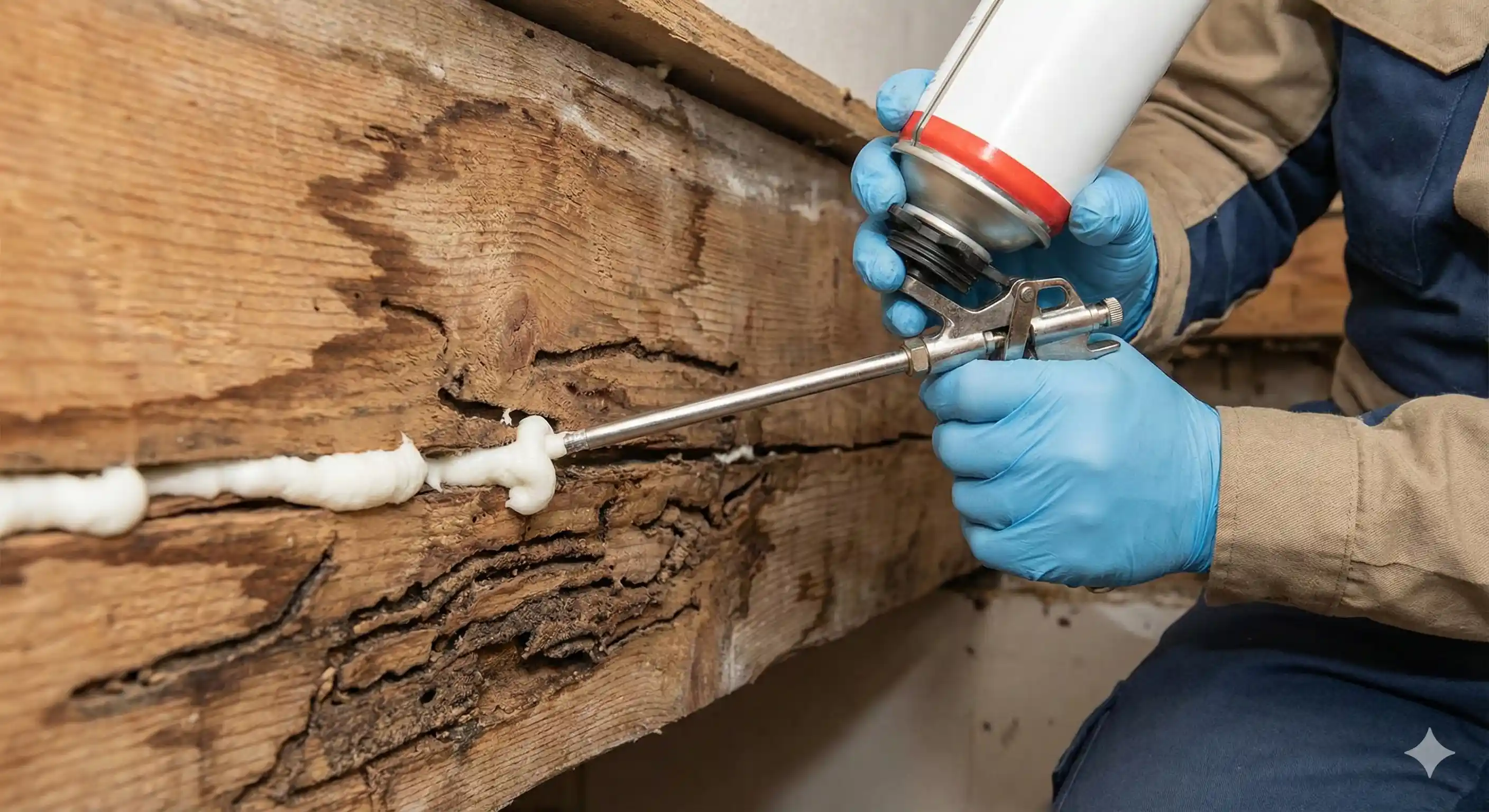 Technician applying deep penetrating foam treatment into dampwood termite galleries