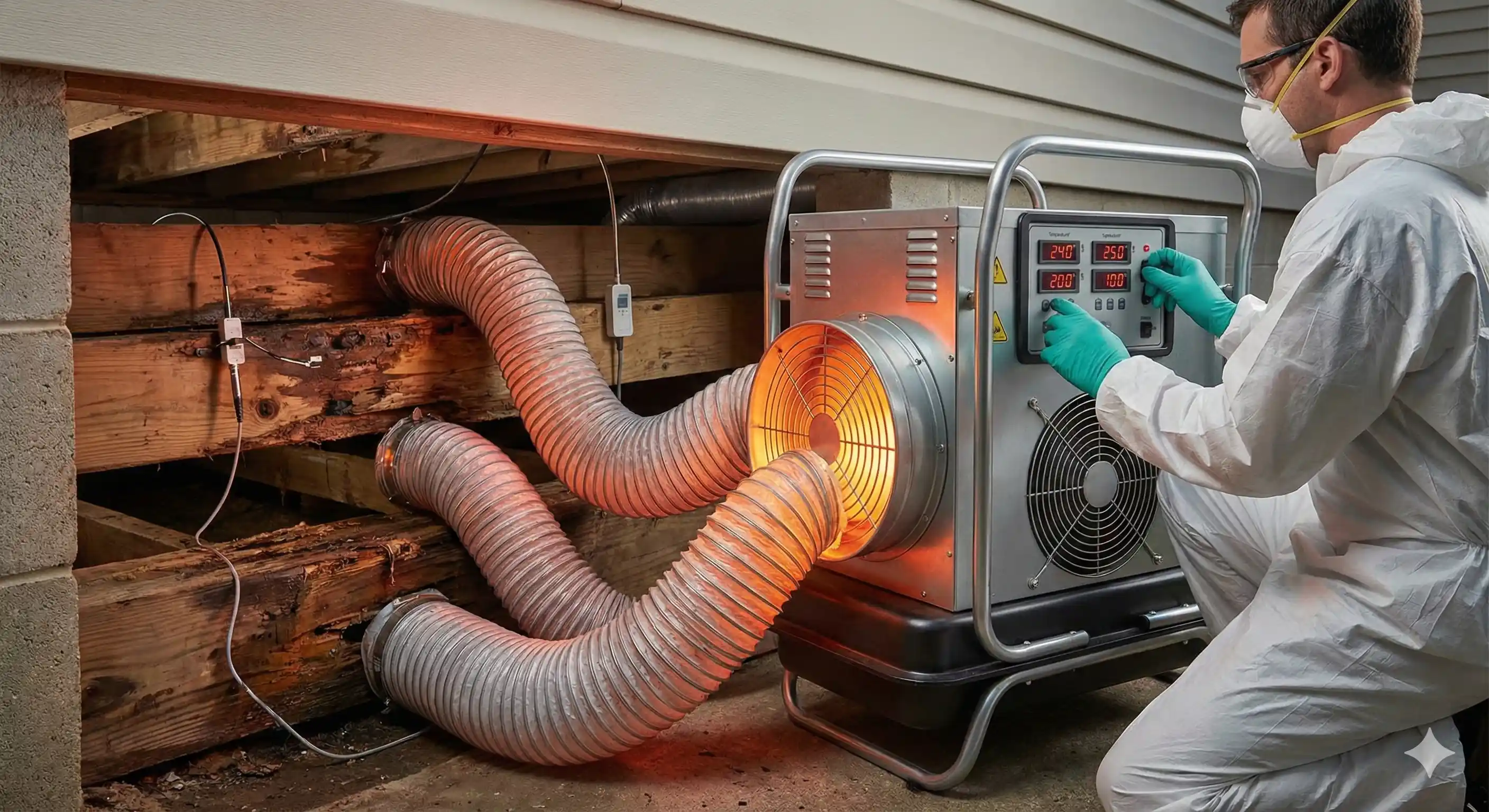Thermal remediation equipment treating wood structure for dampwood termites