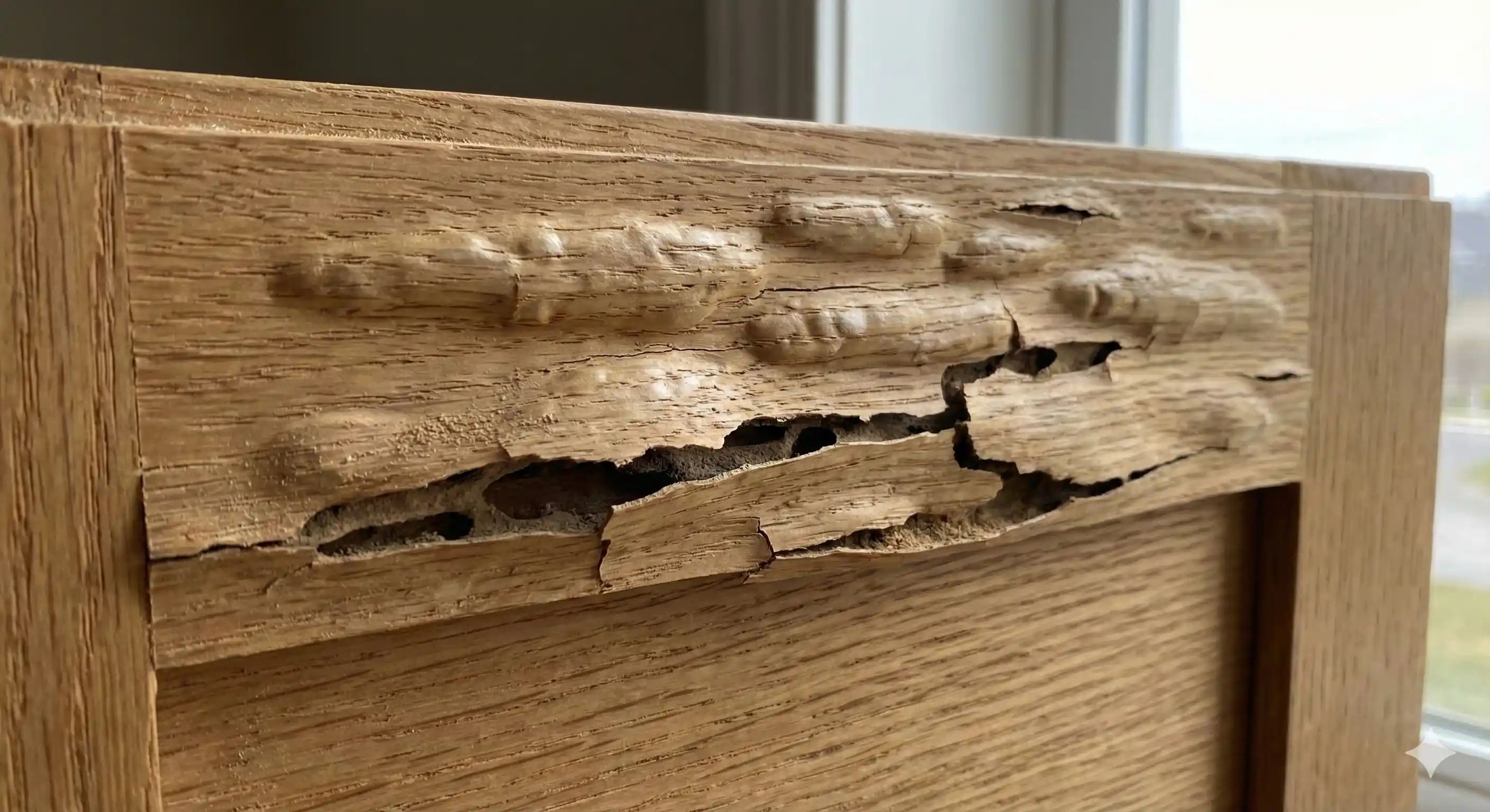 Blistered wood veneer caused by drywood termite galleries beneath surface