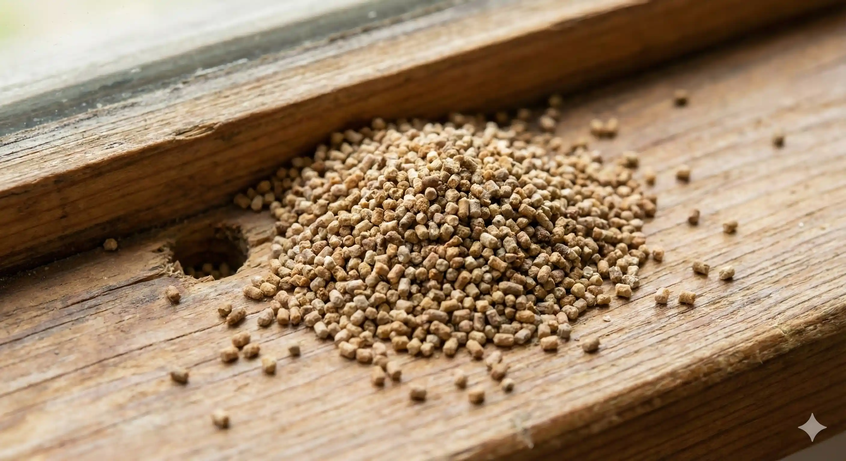 Six-sided drywood termite frass pellets accumulated beneath kick-out hole