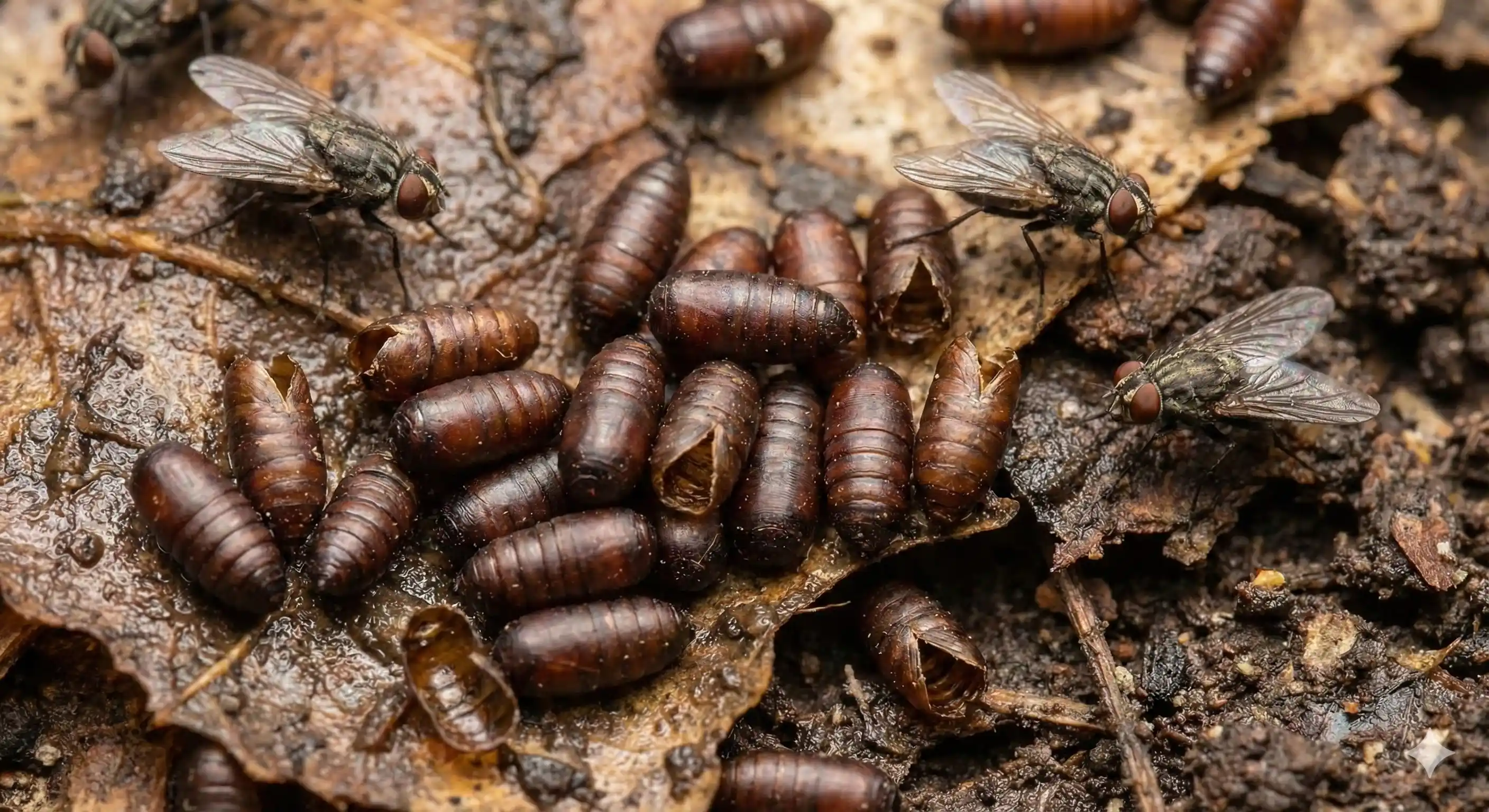 Dark brown fly pupae casings found near breeding site