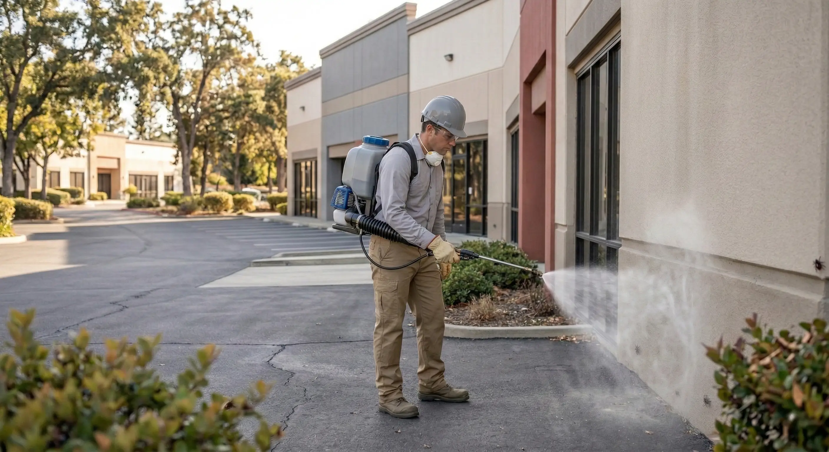 Professional applying food-safe pest treatment in processing area