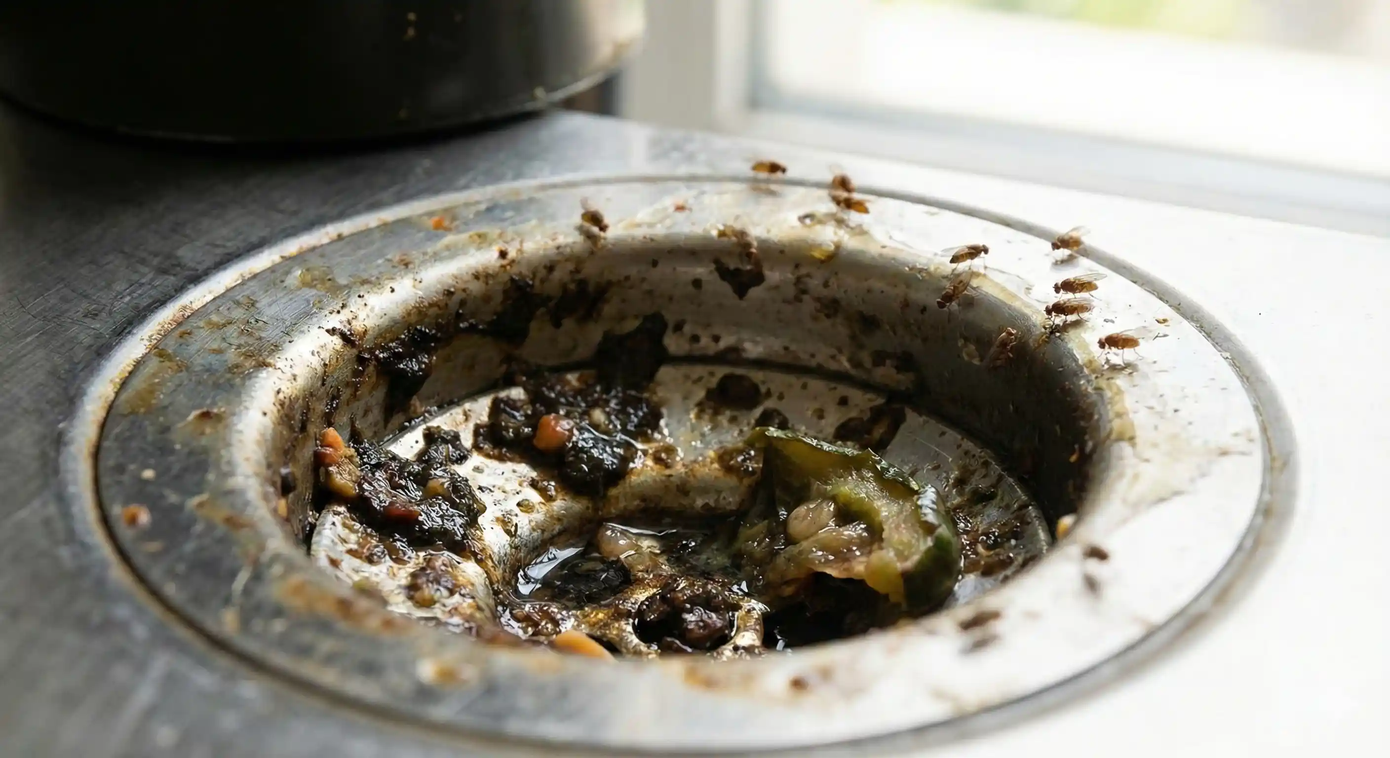Drain and moist area with organic debris providing fruit fly breeding site