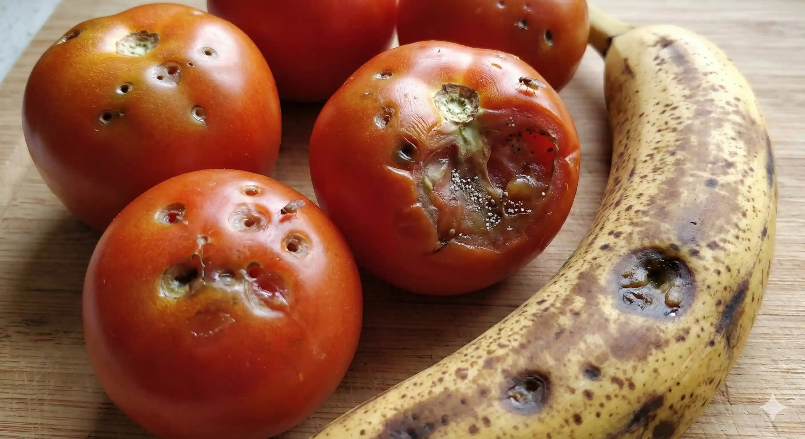 Fruit showing damage and soft spots from fruit fly egg laying