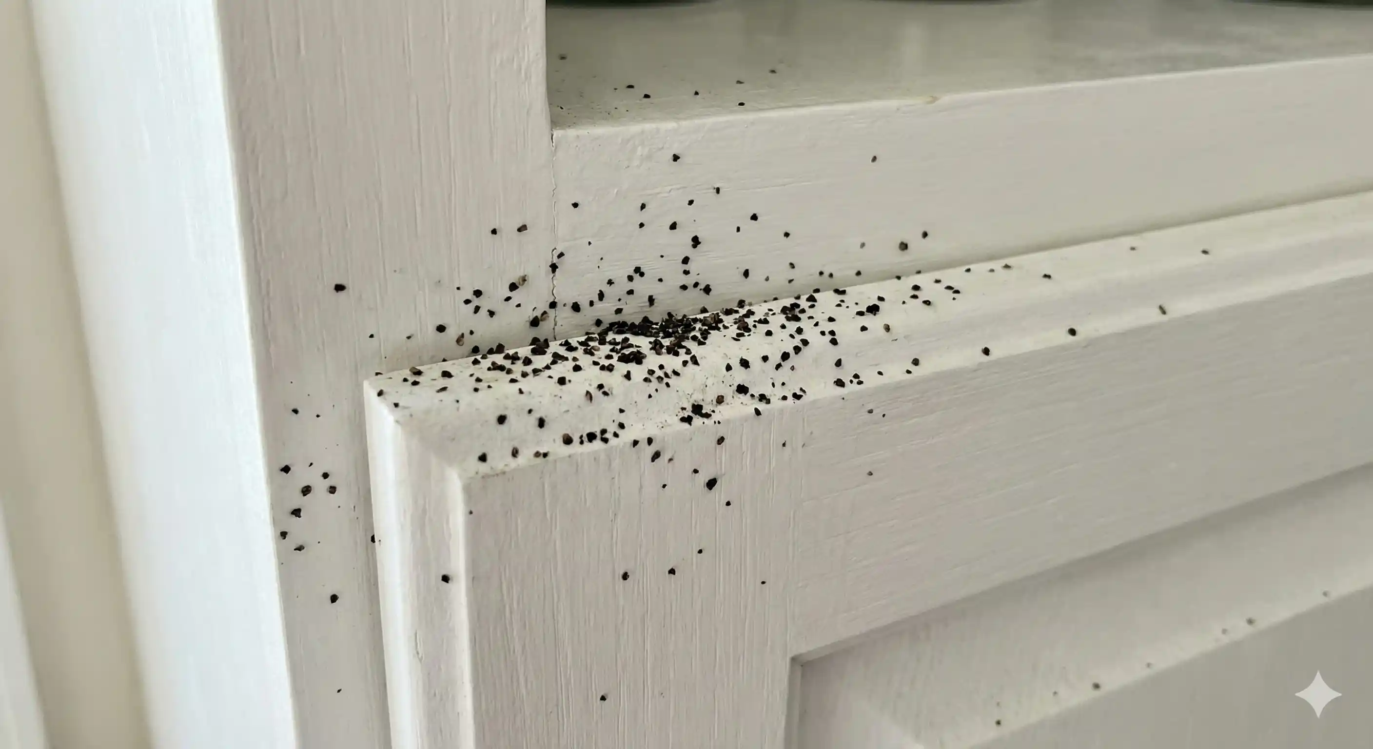 German cockroach droppings appearing as dark specks near cabinet