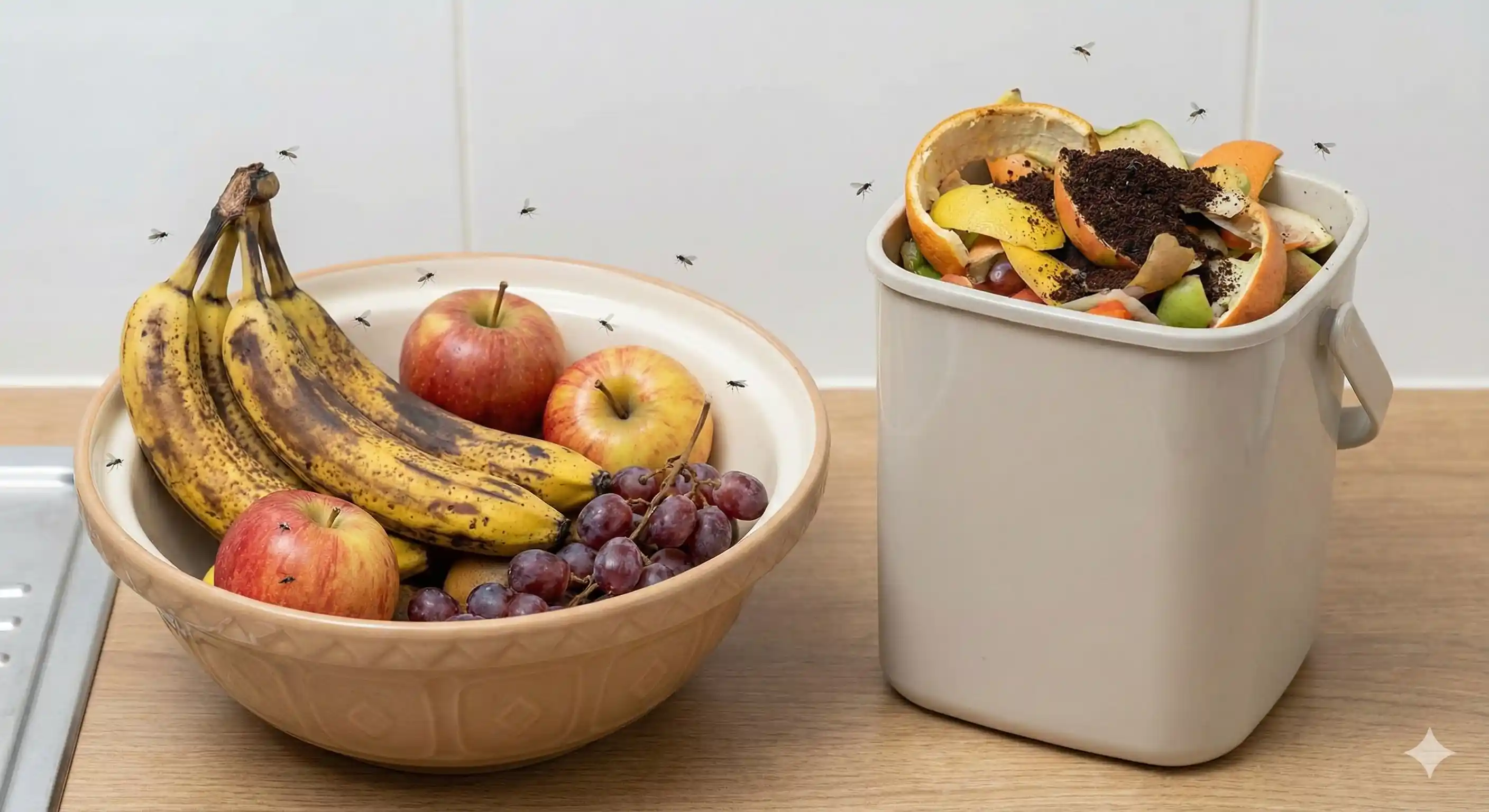 Overripe fruit and organic matter attracting gnats in kitchen