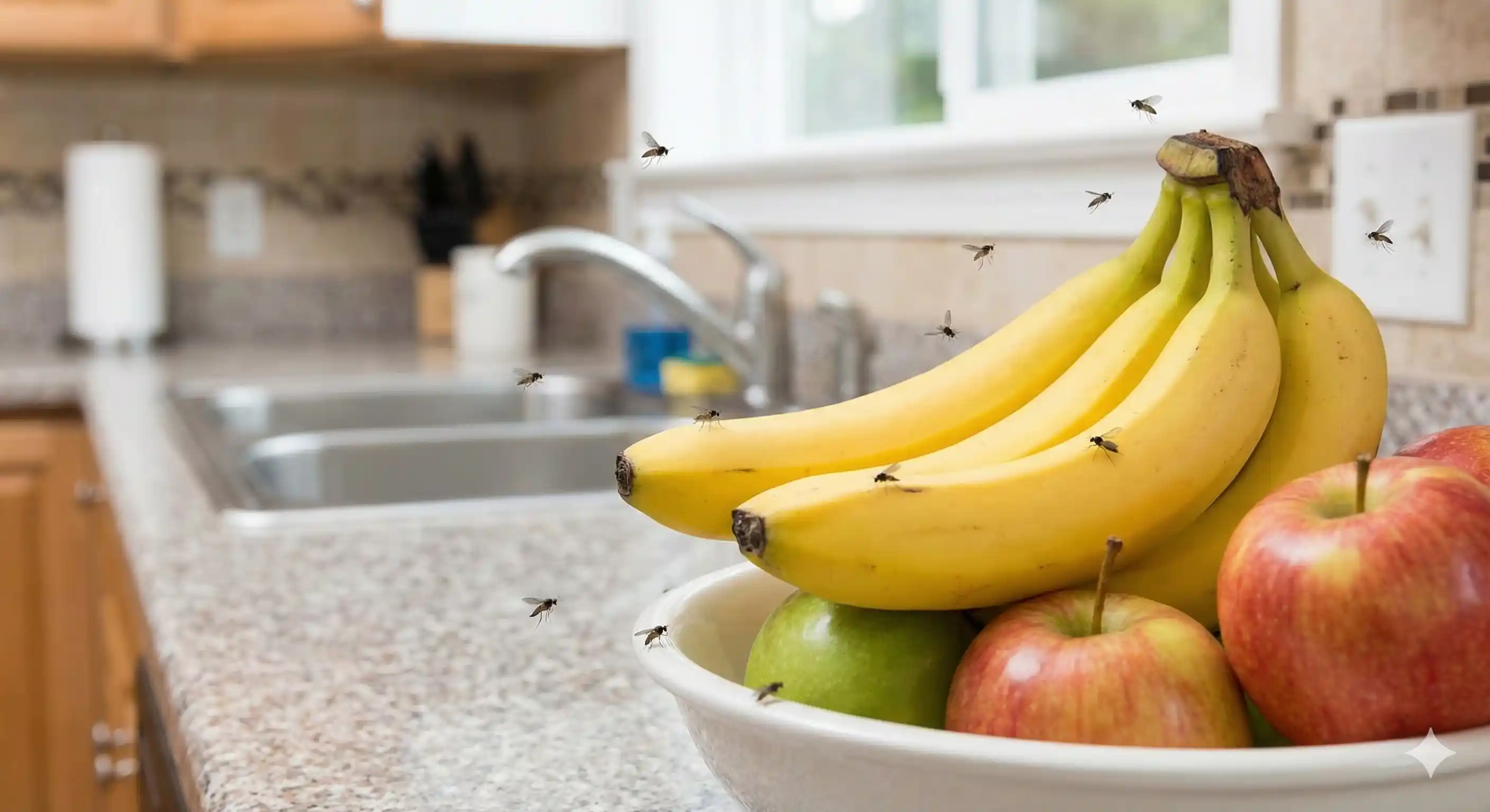 Gnats congregating in kitchen near fruit bowl and sink