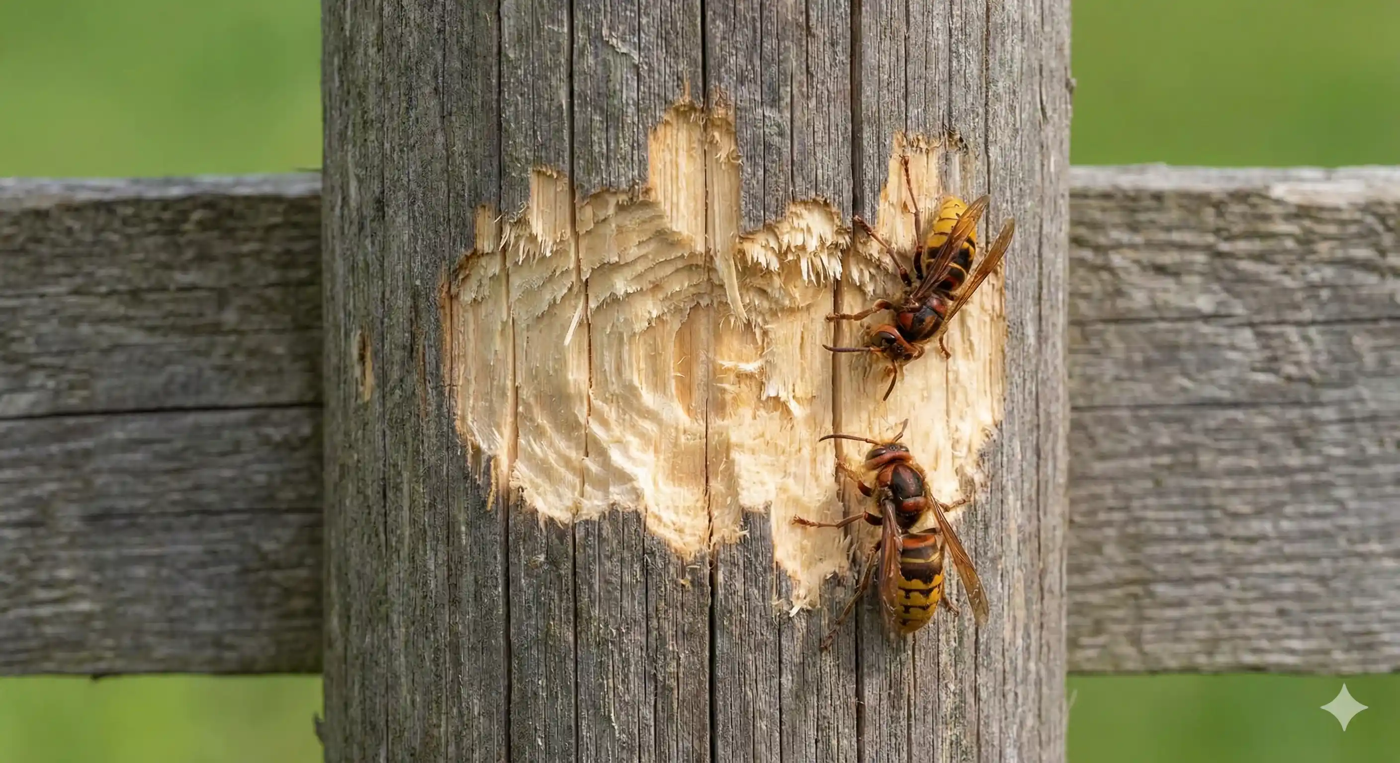 Chewing marks on wood surface from hornets gathering nest material