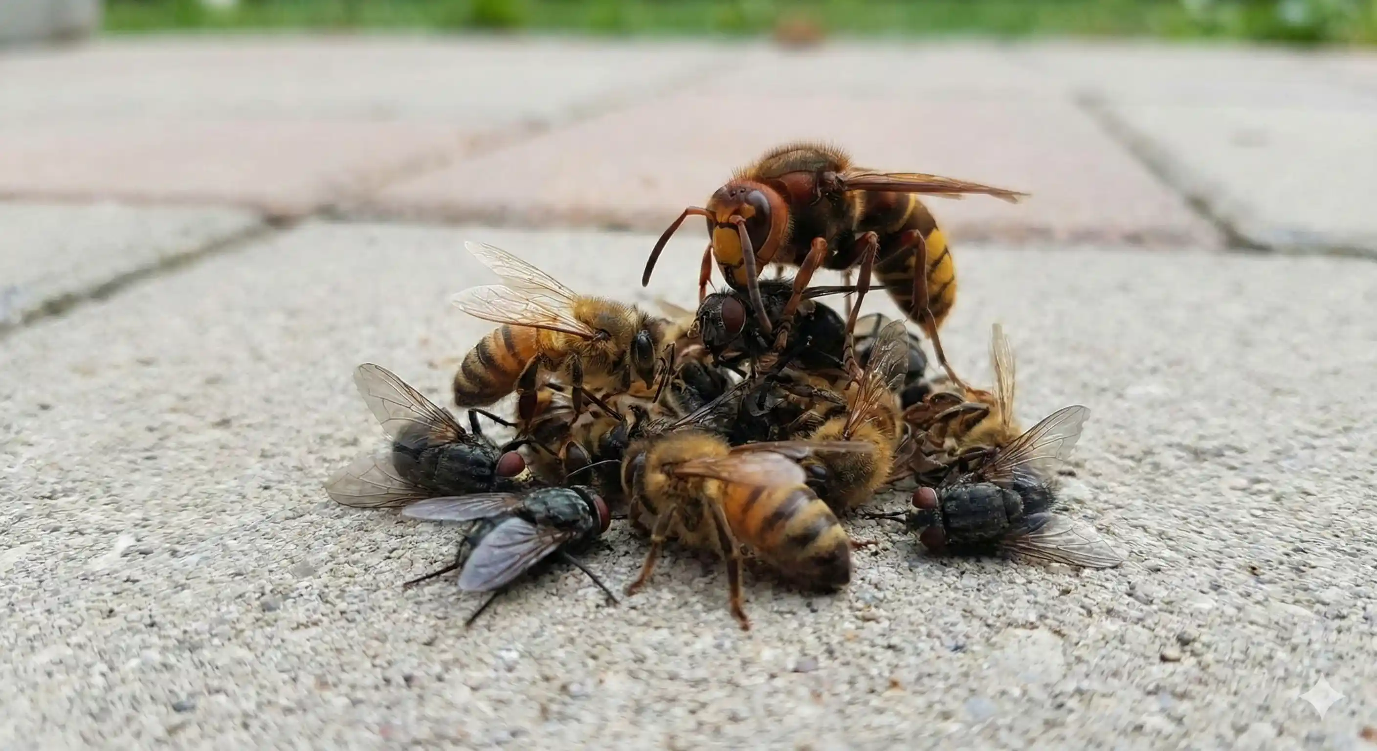 Dead insects near property indicating hornet predatory activity