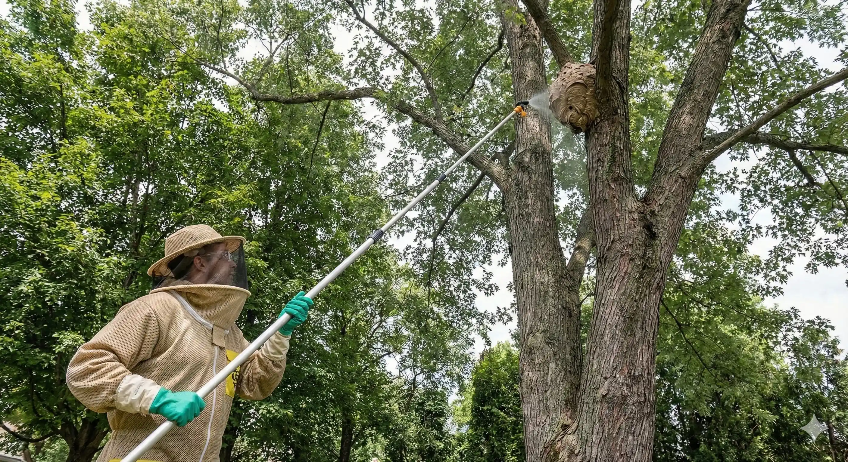Technician using extension equipment to treat hornet nest in elevated location
