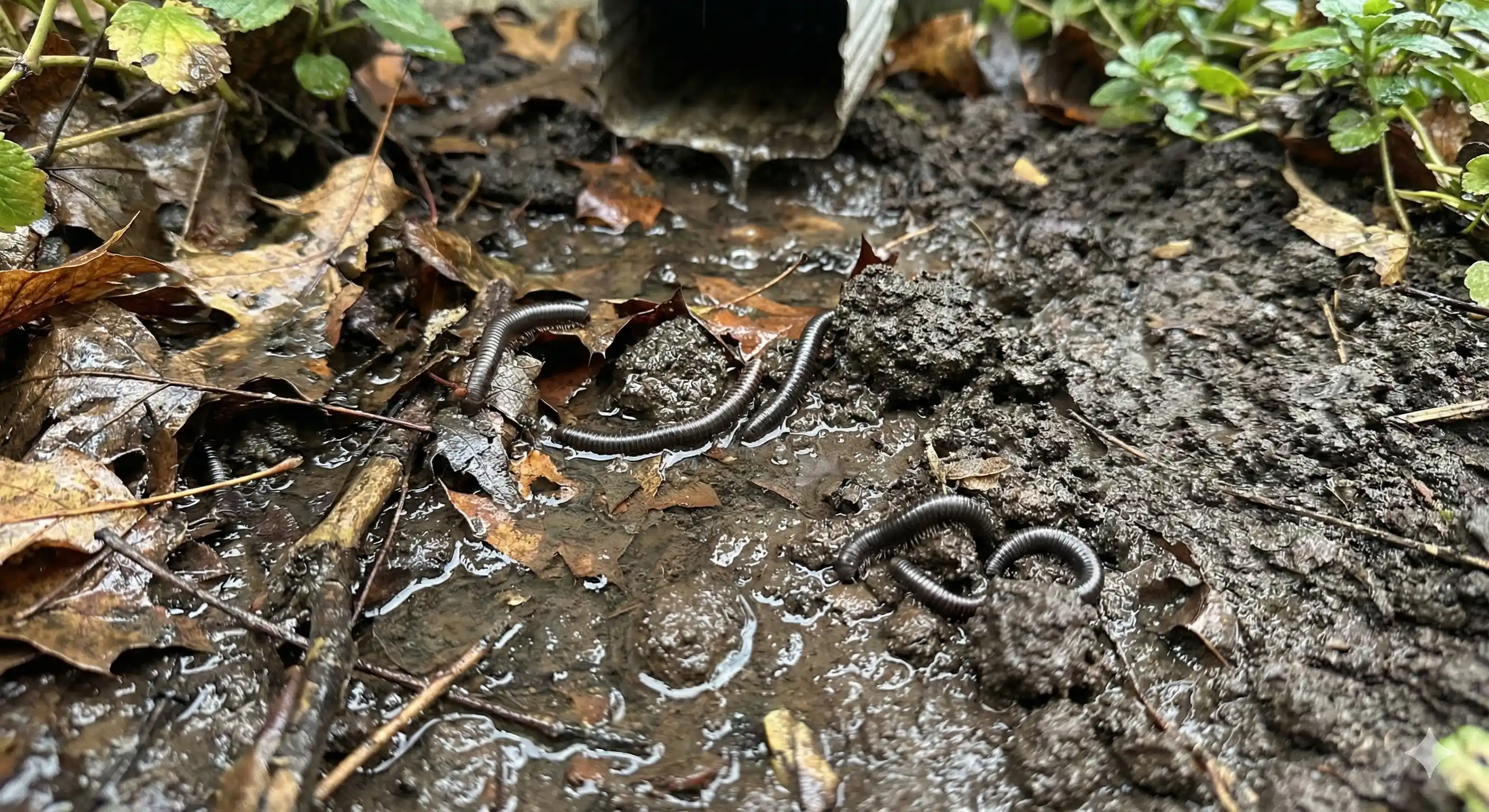 Moist soil and drainage issues creating favorable millipede habitat
