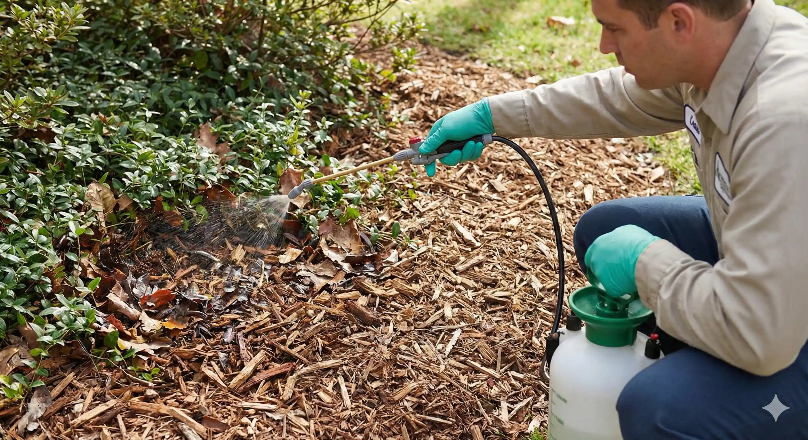 Treating exterior harborage areas in mulch and ground cover for millipede control