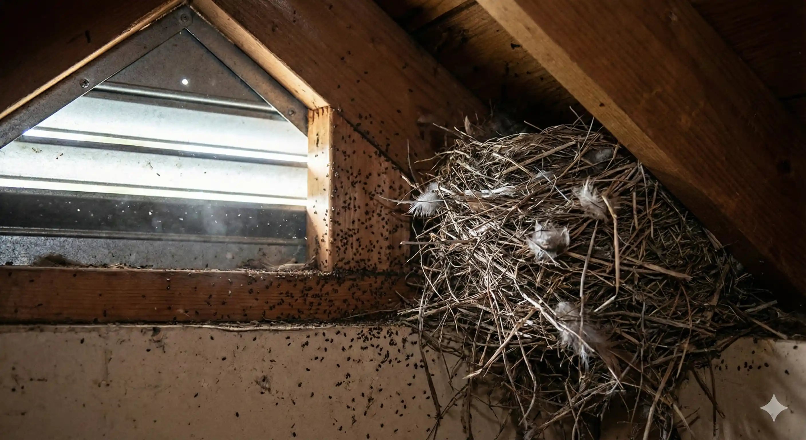 Bird nest in eave introducing bird mites to structure