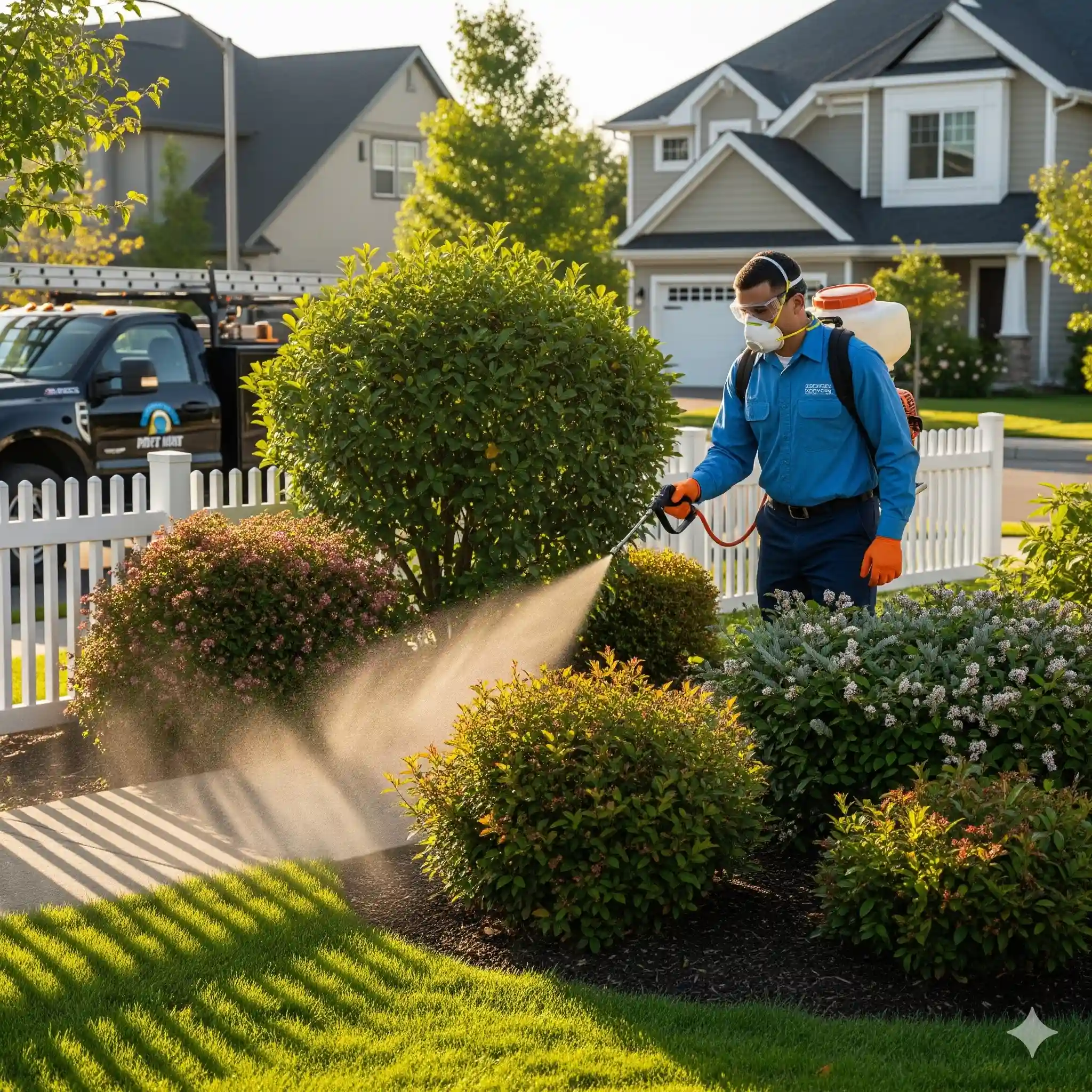 Barrier protection treatment being applied to vegetation where mosquitoes rest